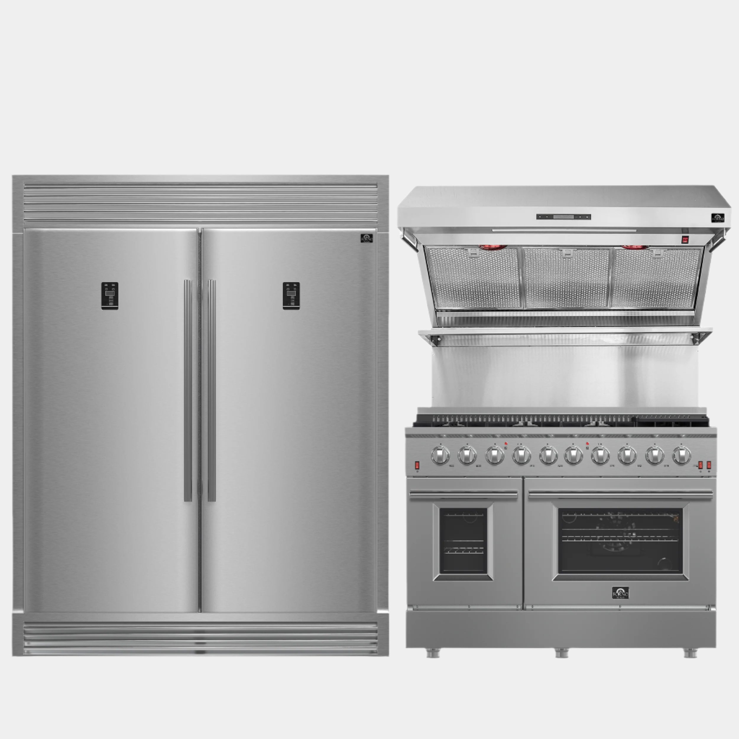 FORNO Premium 3-Piece Kitchen Bundle - FORNO Galiano 48" Freestanding Gas Range, FORNO Rizzuto 60" W. Dual Combo Convertible Refrigerator, FORNO 48" Wall Mount Range Hood - FBDL-018-02US