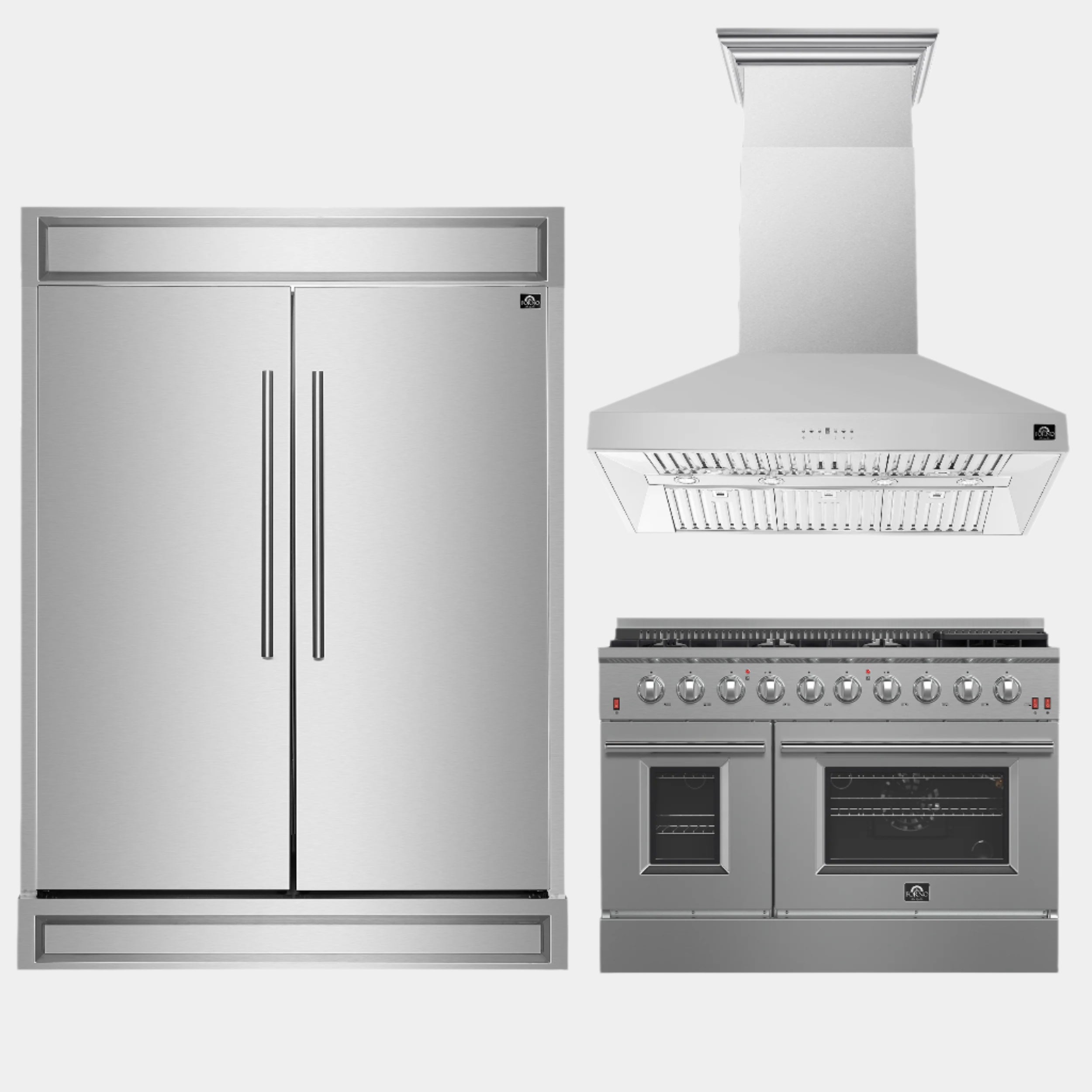 FORNO Premium 3-Piece Kitchen Bundle - FORNO Galiano 48" Freestanding Gas Range, FORNO Maderno 60" 2-Piece Convertible Refrigerator/Freezer Built-In with Decorative Grill Trim, 27.2 cu.ft., FORNO Orvieto 48" Wall Mount Range Hood - FBDL-018-04CAUS