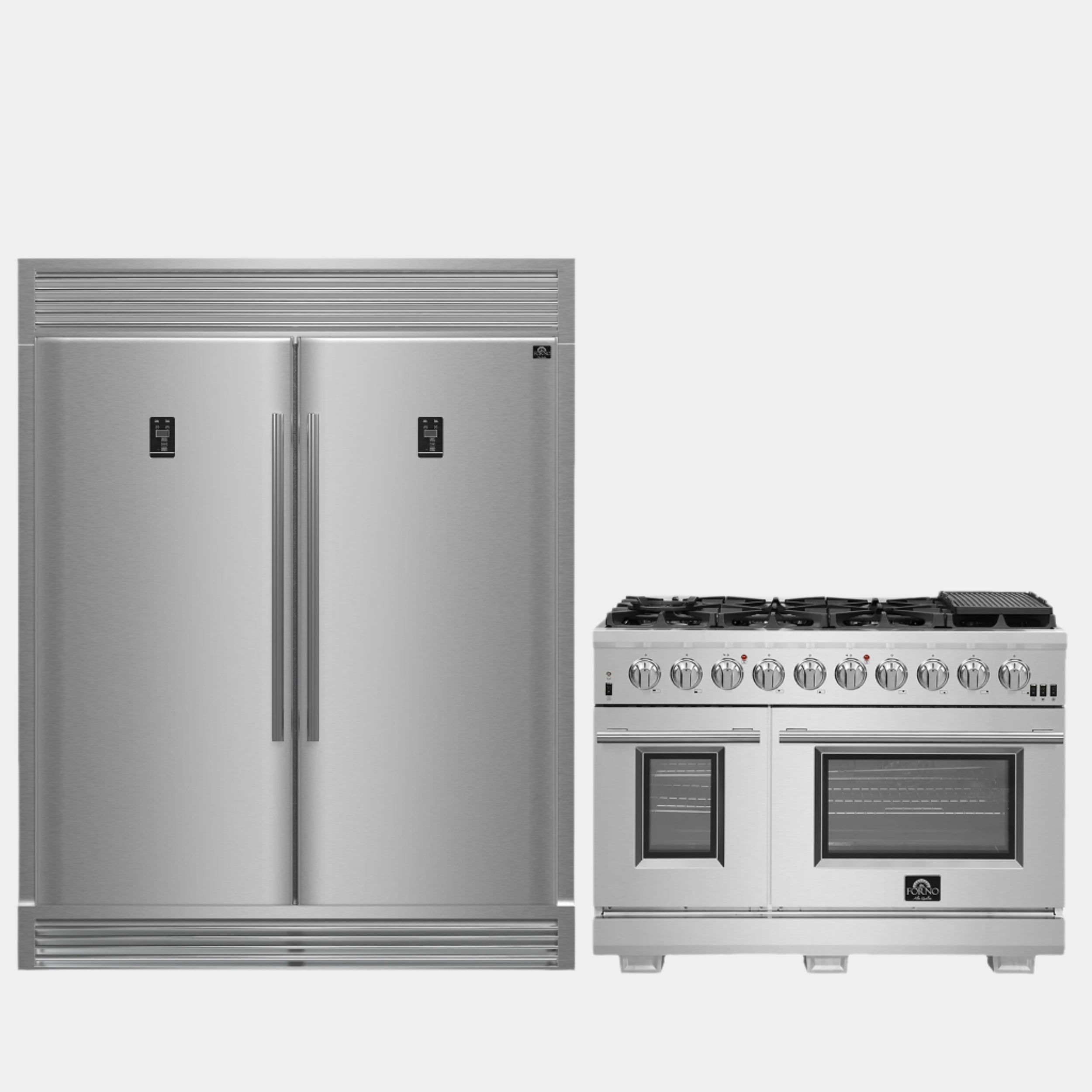 FORNO Premium 2-Piece Kitchen Bundle - Capriasca 48" Stainless Steel Range, Rizzuto 60" W. Dual Combo Convertible Refrigerator - FBDL-019-04CAUS