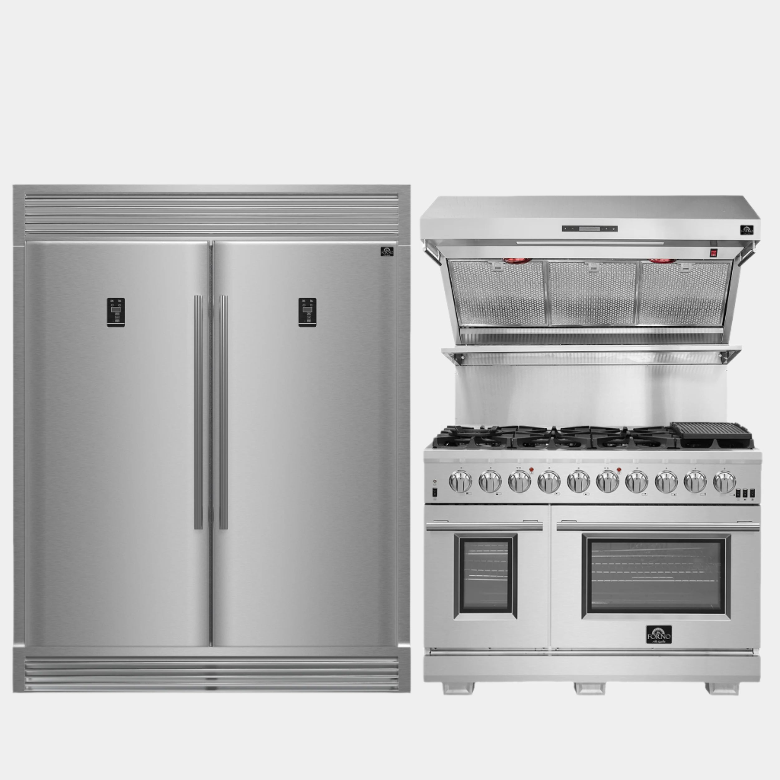 FORNO Premium 3-Piece Kitchen Bundle - FORNO Capriasca 48" Freestanding Gas Range, FORNO Rizzuto 60" W. Dual Combo Convertible Refrigerator, FORNO 48" Wall Mount Range Hood - FBDL-019-05US
