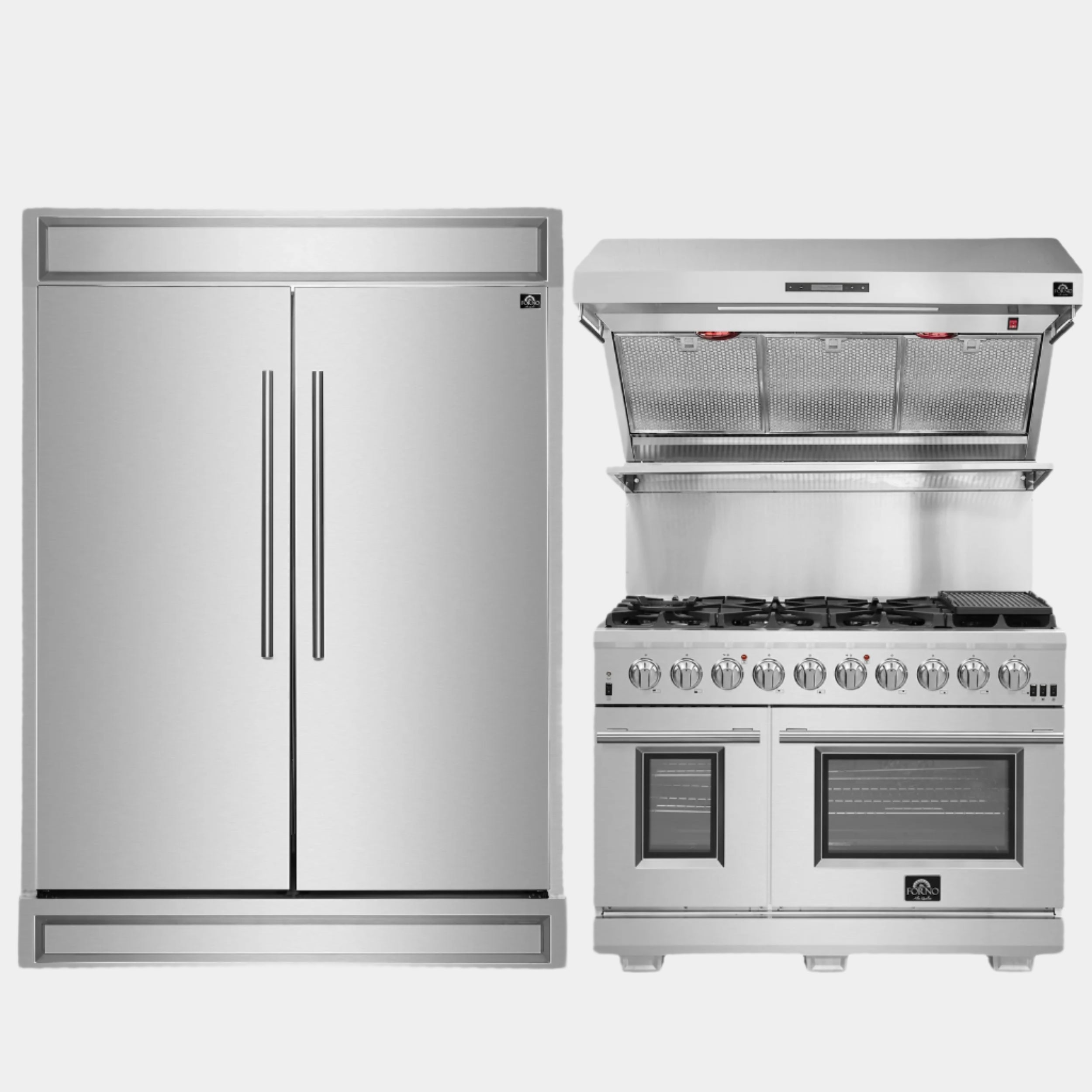 FORNO Premium 3-Piece Kitchen Bundle - FORNO Capriasca 48" Freestanding Gas Range, FORNO Maderno 60" 2-Piece Convertible Refrigerator/Freezer Built-In with Decorative Grill Trim, 27.2 cu.ft., FORNO Orvieto 48" Wall Mount Range Hood - FBDL-019-07CAUS