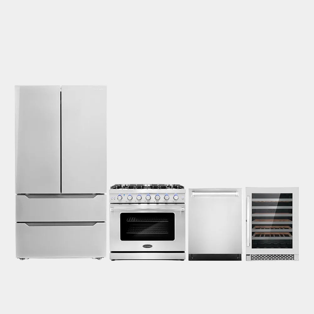 Cosmo Package - 36 in. Gas Range, Refrigerator, Dishwasher, and Wine Cooler | COS-4PKG-104