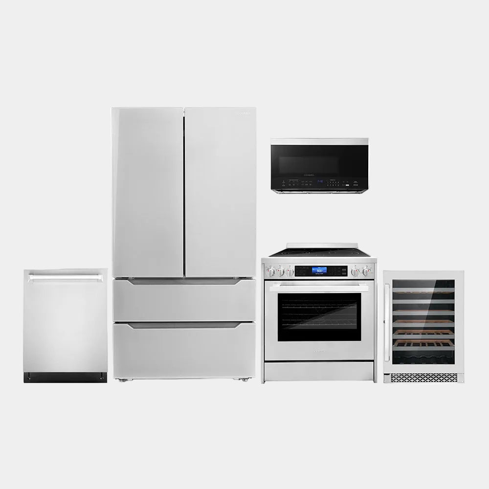 Cosmo Package - 30 in. Electric Range, Dishwasher, Refrigerator, Wine Cooler and Microwave | COS-5PKG-073