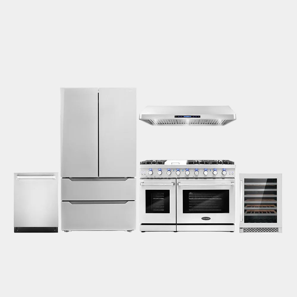 Cosmo Package - 48 in. Gas Range, Range Hood, Dishwasher, Refrigerator and Wine Cooler | COS-5PKG-093