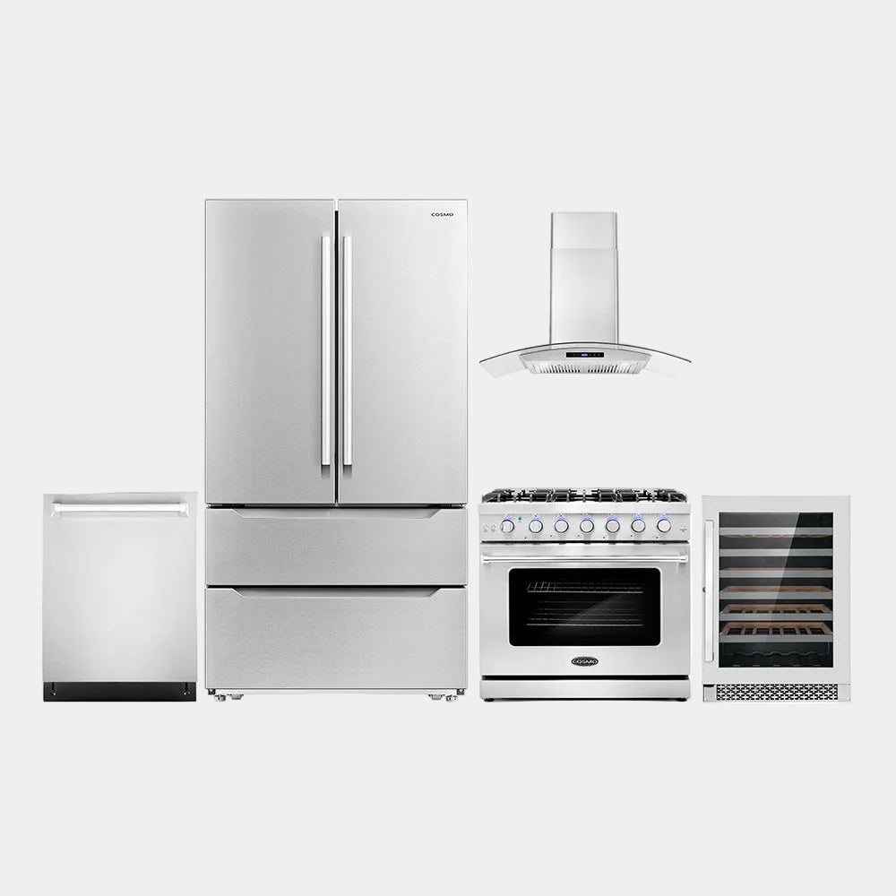 Cosmo Package - 36 in. Gas Range, Range Hood, Dishwasher, Refrigerator and Wine Cooler | COS-5PKG-208