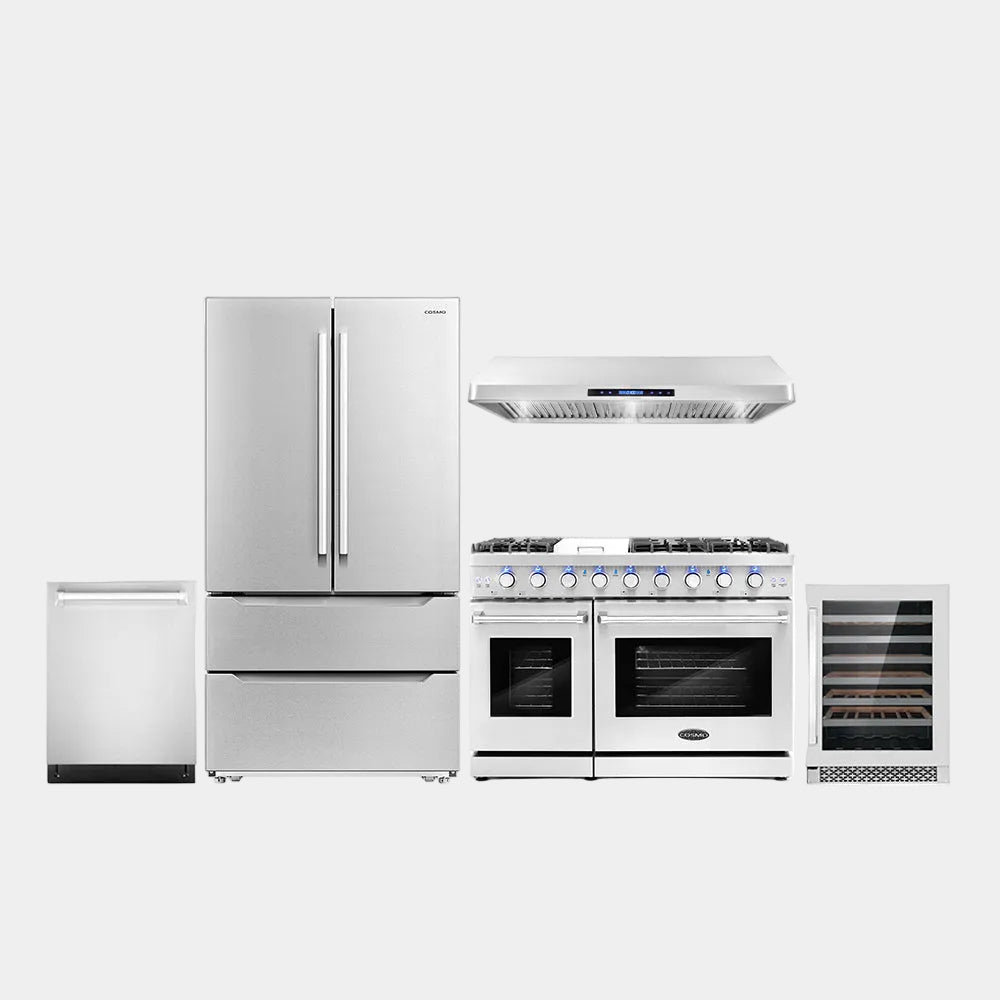 Cosmo Package - 48 in. Gas Range, Range Hood, Dishwasher, Refrigerator and Wine Cooler | COS-5PKG-211