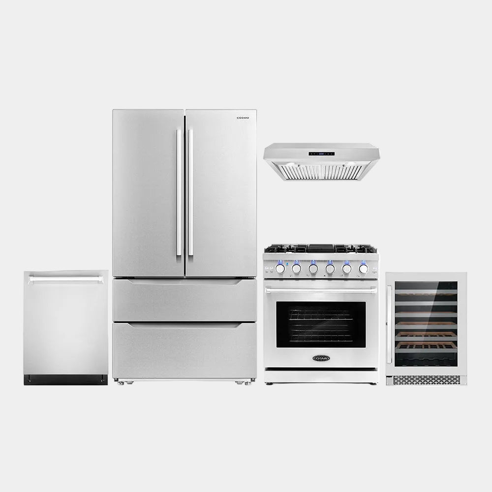 Cosmo Package - 30 in. Gas Range, Range Hood, Dishwasher, Refrigerator and Wine Cooler | COS-5PKG-212