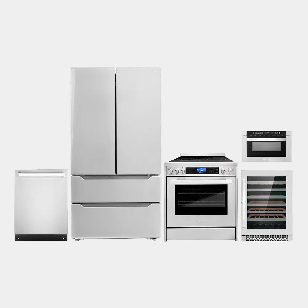 Cosmo Package - 30 in. Electric Range, Dishwasher, Refrigerator, Wine Cooler and Microwave | COS-5PKG-238