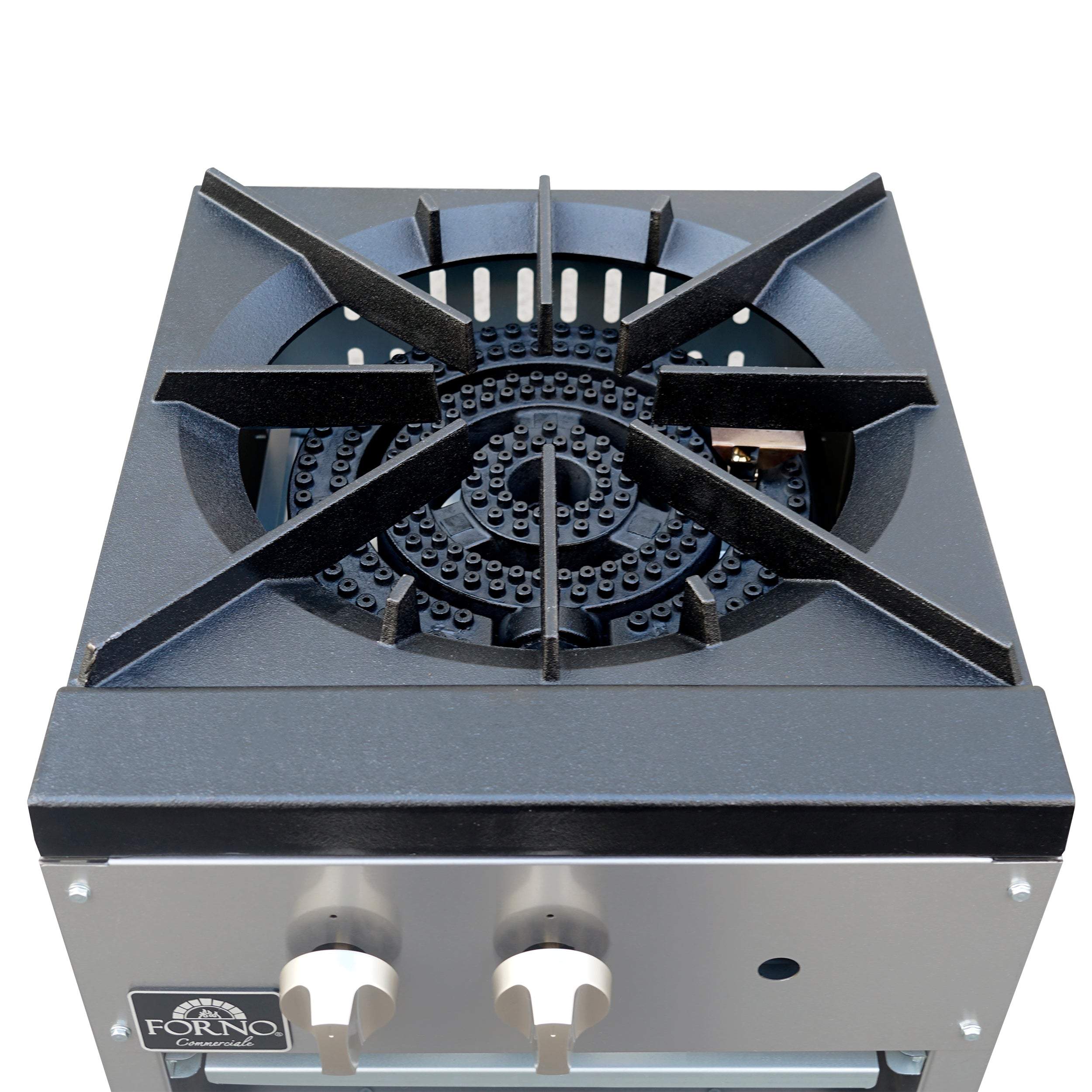 Forno Commerciale gas stock pot range, 1 powerful 3-ring burner, 80,000 BTU, durable stainless steel, heavy-duty cast iron grate
