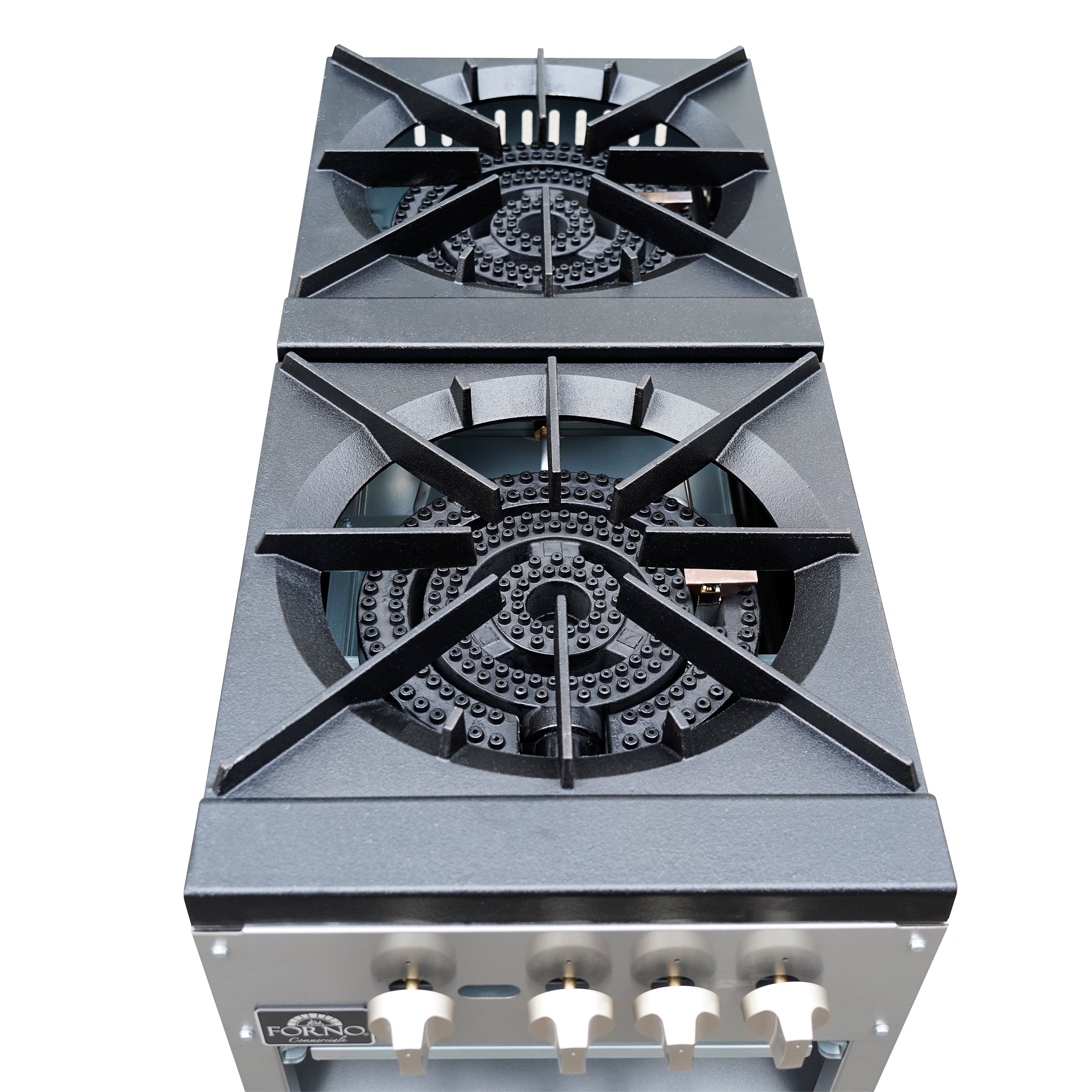 Forno Commerciale gas stock pot range, 2 powerful 3-ring burners, 160,000 BTU, durable stainless steel, heavy-duty cast iron grates