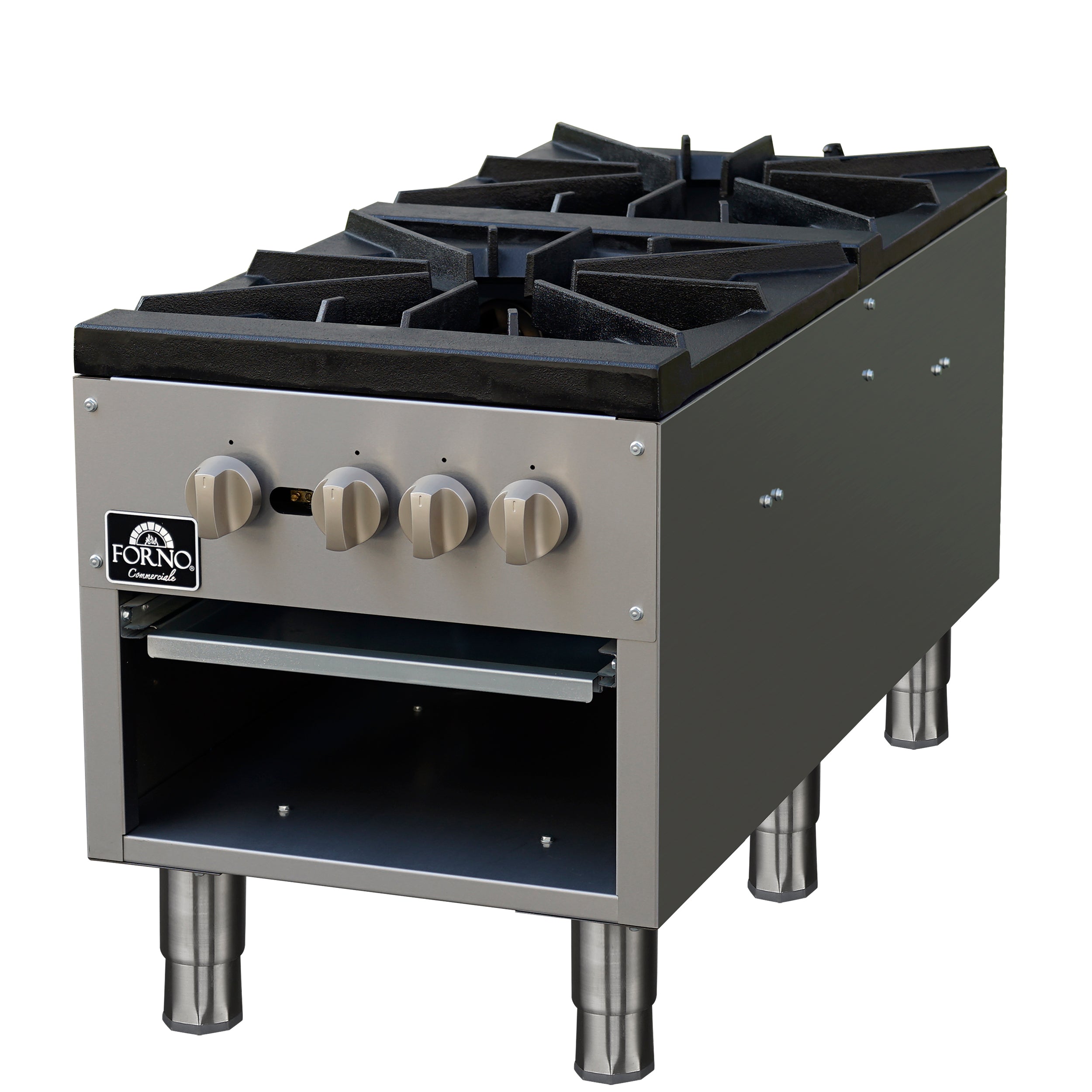 Forno Commerciale gas stock pot range, 2 powerful 3-ring burners, 160,000 BTU, durable stainless steel, heavy-duty cast iron grates