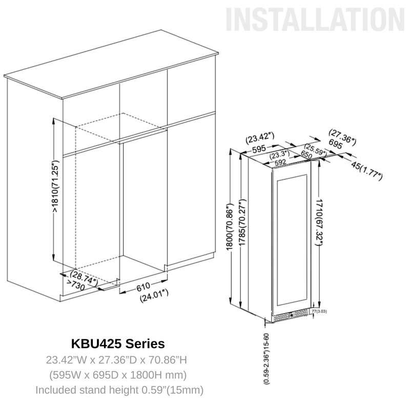 Kingsbottle 48 in. 159 Bottle and 630 Can Upright Triple Zone Wine and Beverage Cooler
