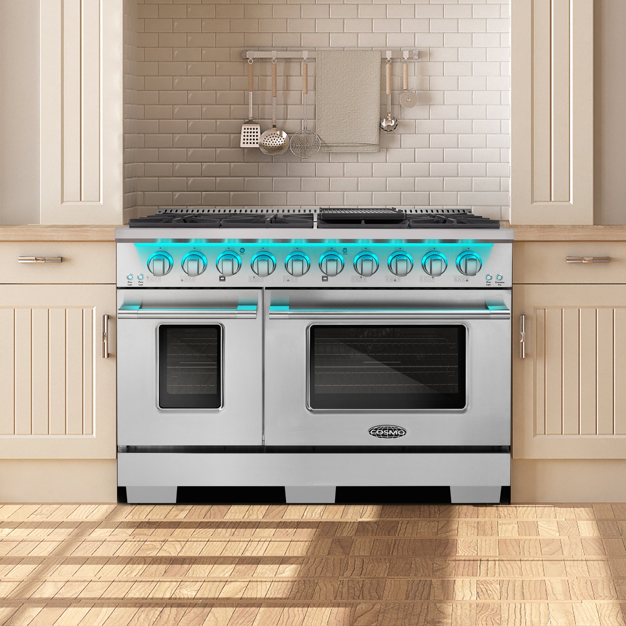 Cosmo Lumin 48 in. 5.5 cu. ft. 8-Burner Stainless Steel Dual Fuel Range with LED Knobs | COS-DFRP488K