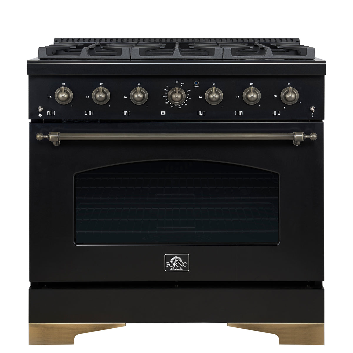 Forno Antico 36 in. 4.5 cu. ft. 6-Burner Black Dual Fuel Range with Antique Brass Accents | FFSGS6113-36BLK