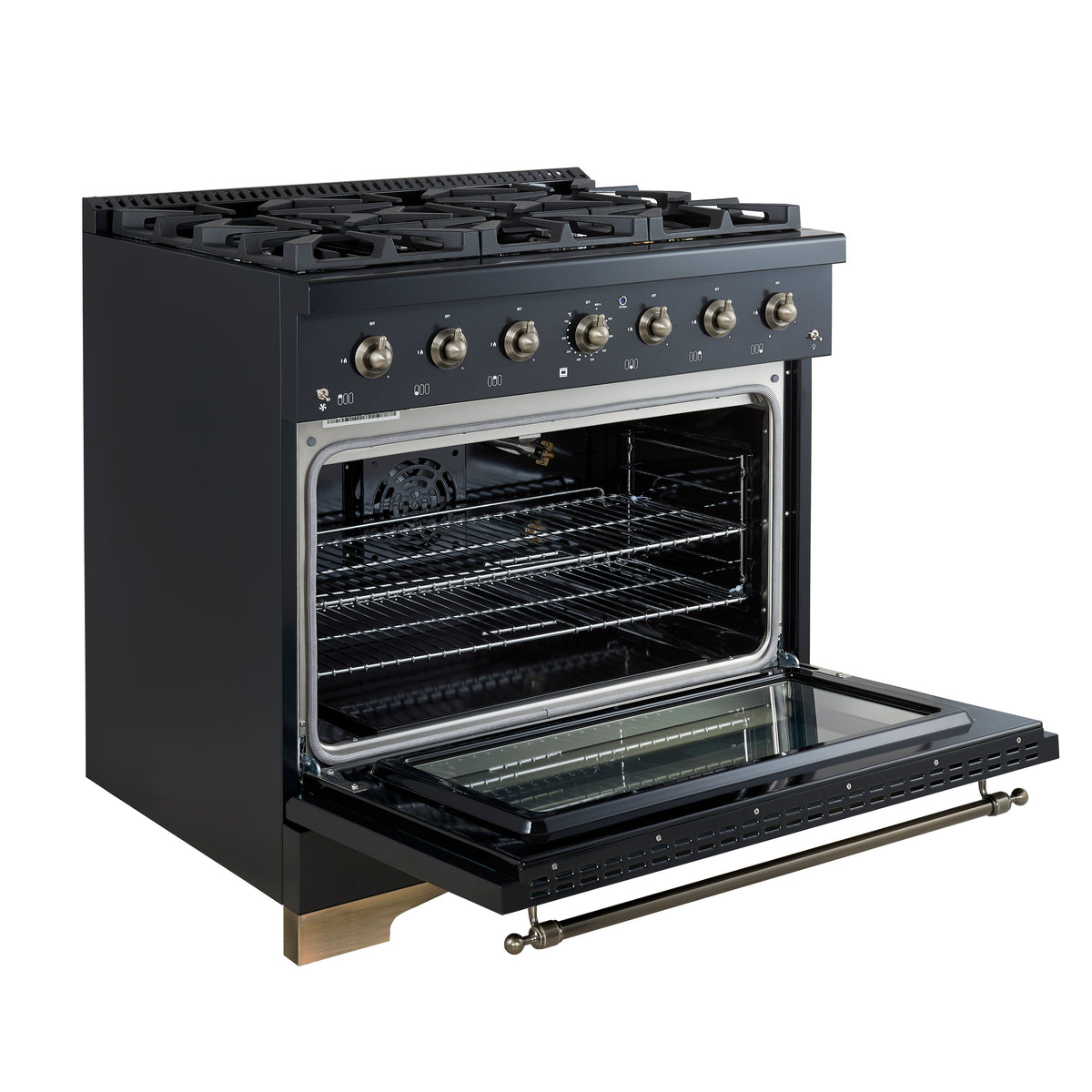 Forno Antico 36 in. 4.5 cu. ft. 6-Burner Black Dual Fuel Range with Antique Brass Accents | FFSGS6113-36BLK
