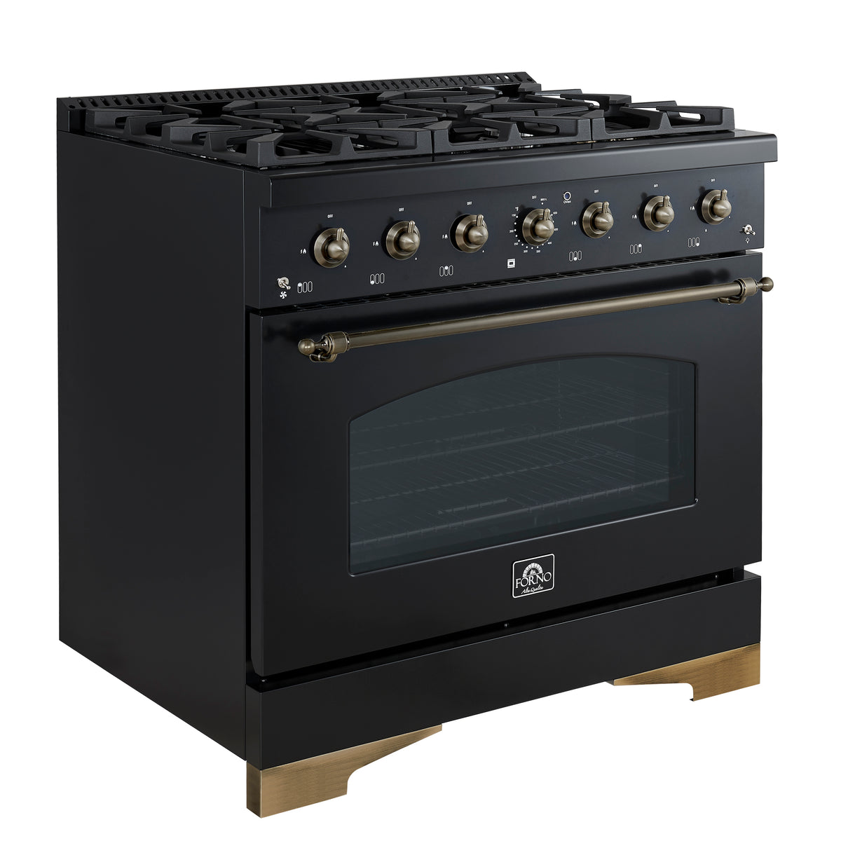 Forno Antico 36 in. 4.5 cu. ft. 6-Burner Black Dual Fuel Range with Antique Brass Accents | FFSGS6113-36BLK