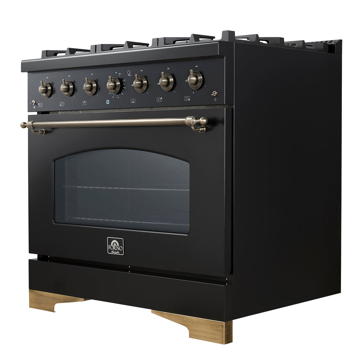 Forno Antico 36 in. 4.5 cu. ft. 6-Burner Black Dual Fuel Range with Antique Brass Accents | FFSGS6113-36BLK