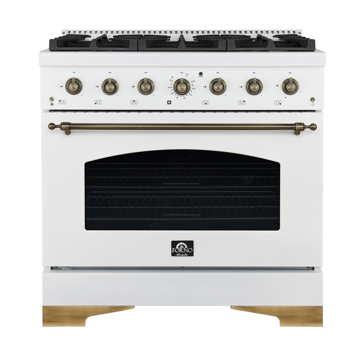 Forno Antico 36 in. 4.5 cu. ft. 6-Burner White Dual Fuel Range with Antique Brass Accents | FFSGS6113-36WHT