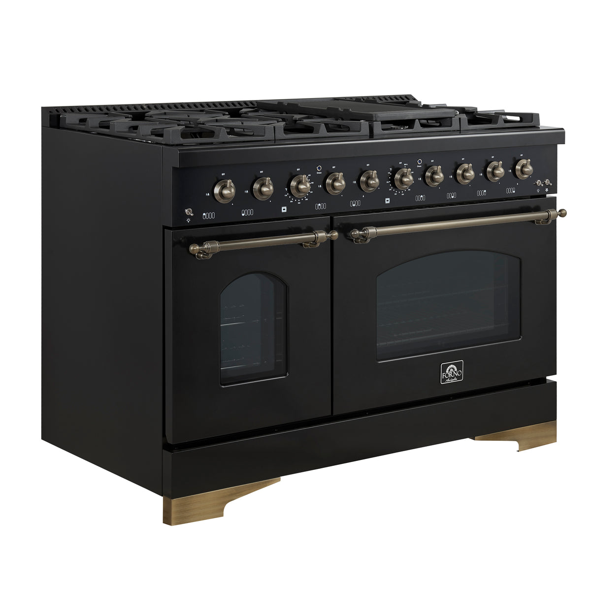 Forno Antico 48 in. 5.5 cu. ft. 8-Burner Black Dual Fuel Range with Antique Brass Accents | FFSGS6113-48BLK