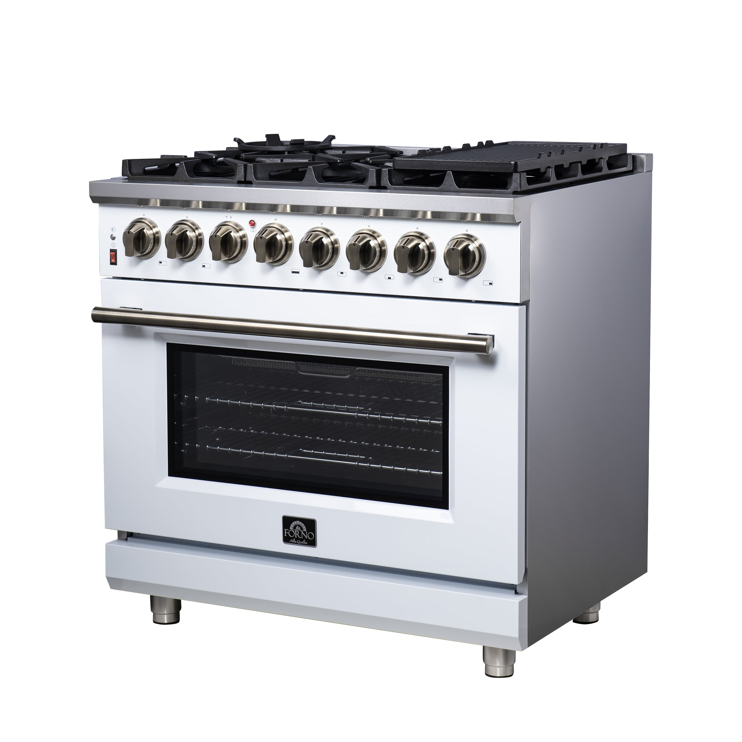 Forno Massimo 36 in. 5.36 cu. ft. 6-Burner White Dual Fuel Range with Antique Brass Accents | FFSGS6125-36WHT