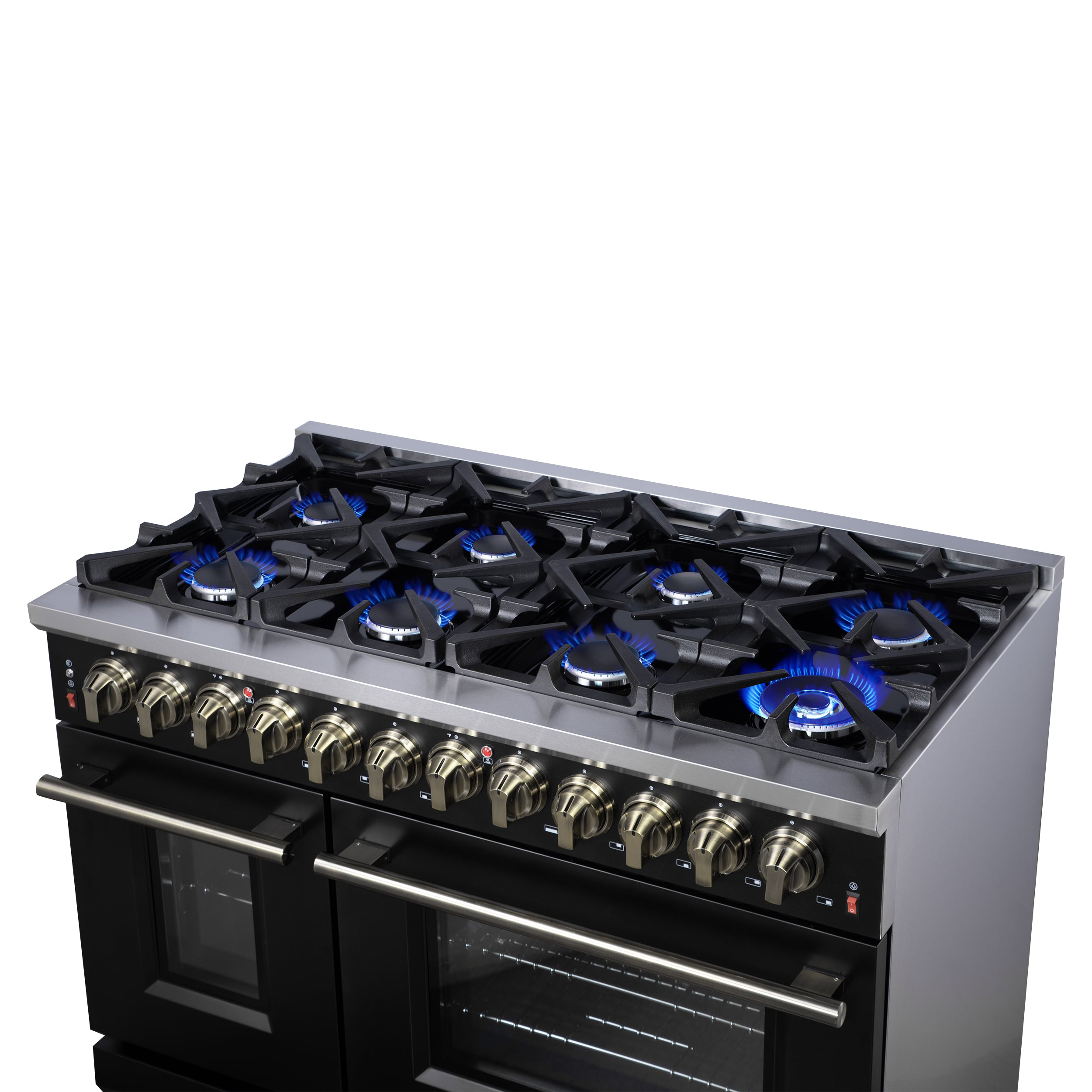Forno Massimo 48 in. 6.58 cu. ft. 8-Burner Black Dual Fuel Range with Antique Brass Accents | FFSGS6125-48BLK