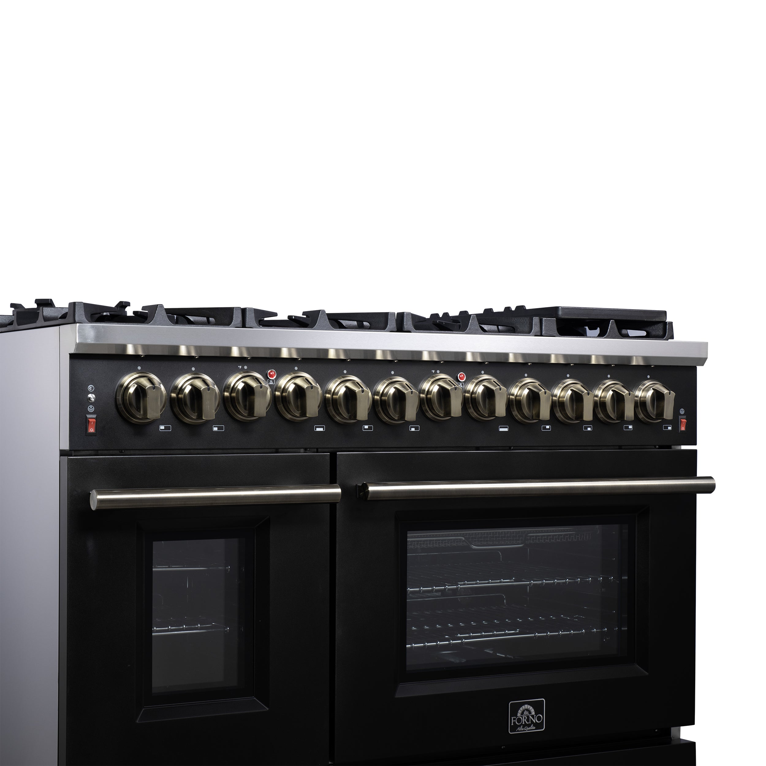 Forno Massimo 48 in. 6.58 cu. ft. 8-Burner Black Dual Fuel Range with Antique Brass Accents | FFSGS6125-48BLK
