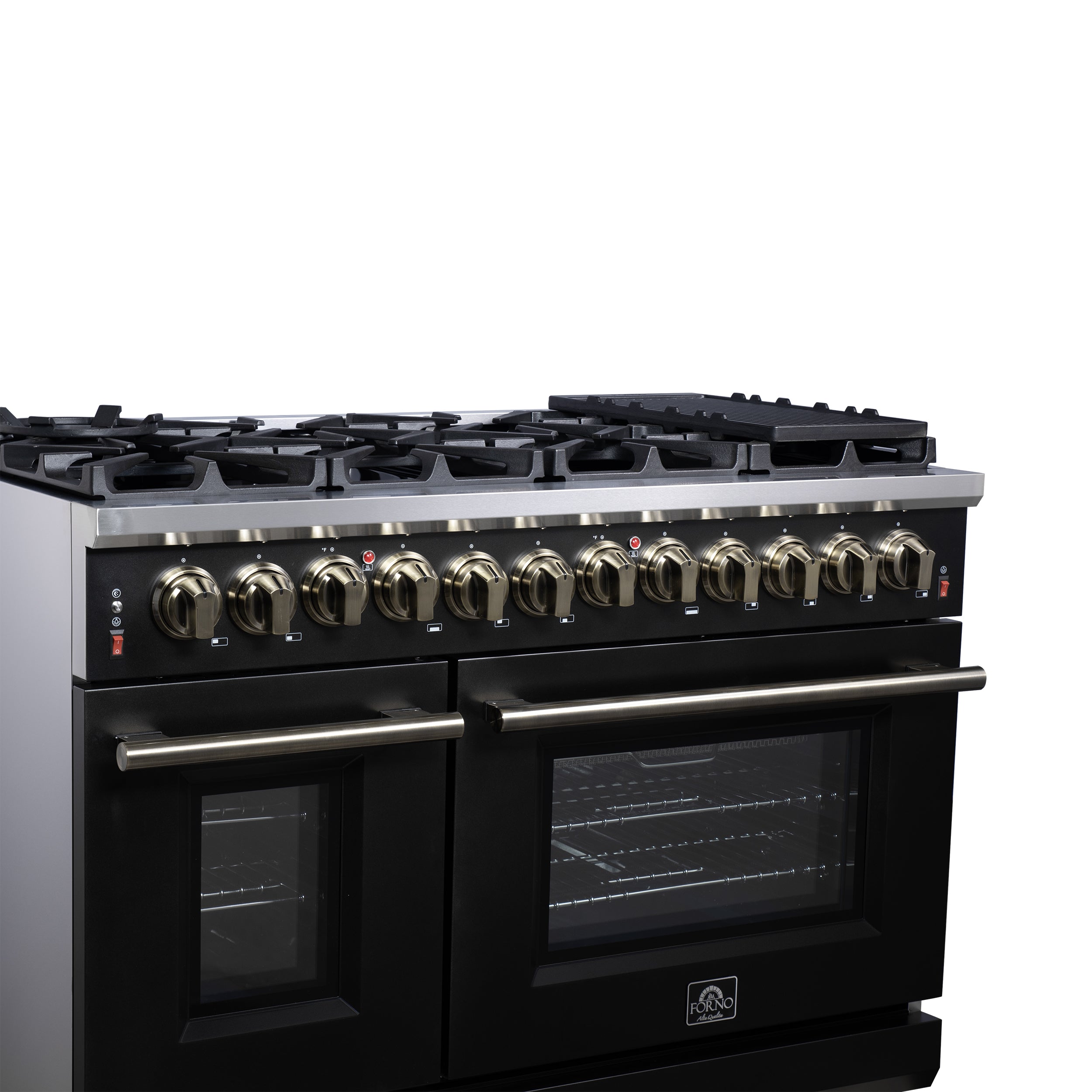 Forno Massimo 48 in. 6.58 cu. ft. 8-Burner Black Dual Fuel Range with Antique Brass Accents | FFSGS6125-48BLK