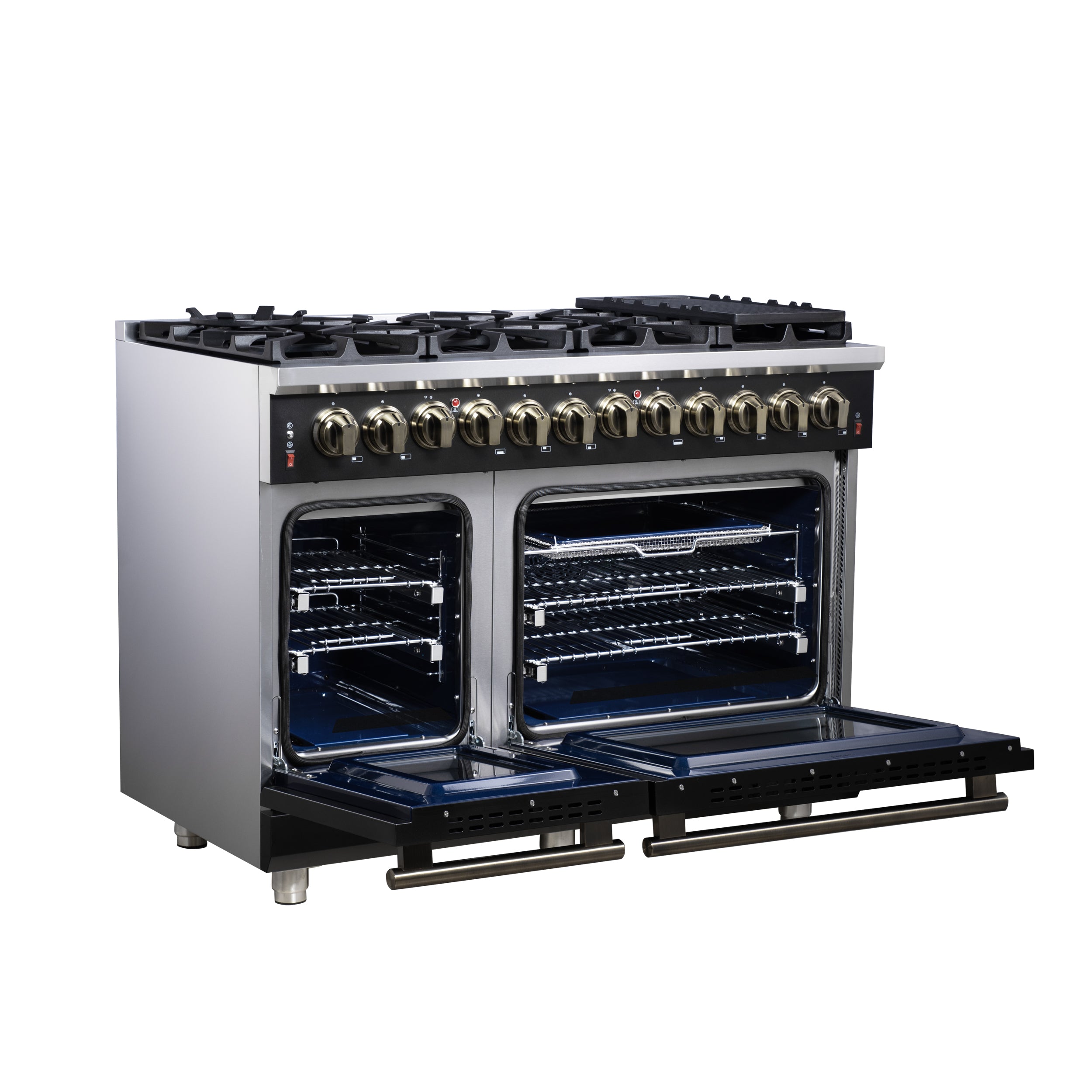 Forno Massimo 48 in. 6.58 cu. ft. 8-Burner Black Dual Fuel Range with Antique Brass Accents | FFSGS6125-48BLK