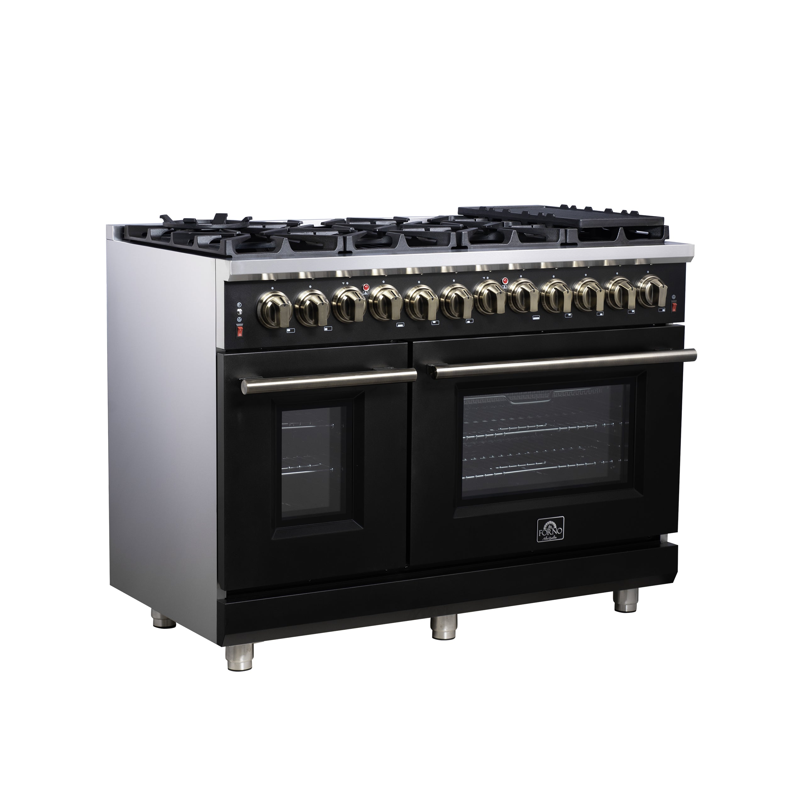 Forno Massimo 48 in. 6.58 cu. ft. 8-Burner Black Dual Fuel Range with Antique Brass Accents | FFSGS6125-48BLK