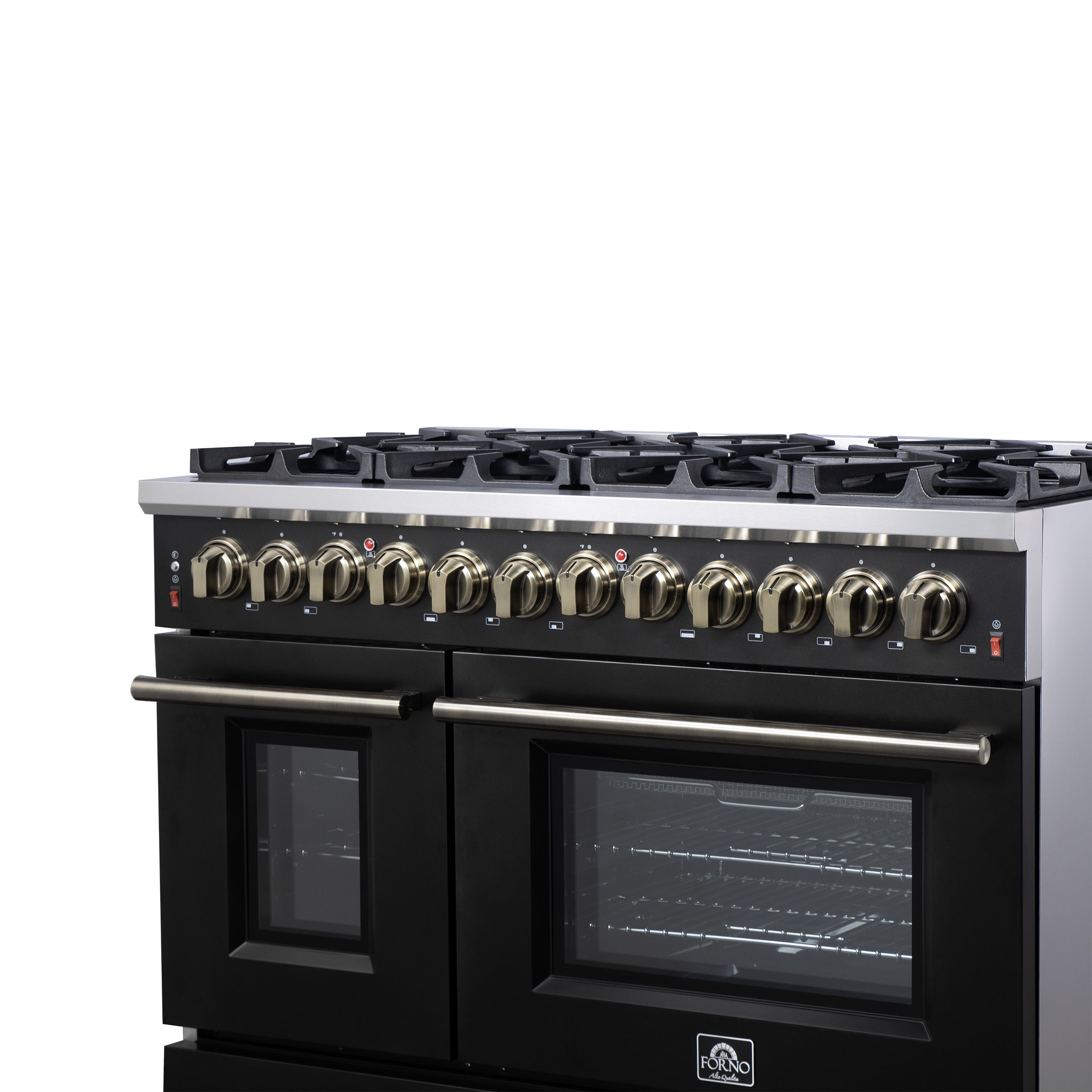 Forno Massimo 48 in. 6.58 cu. ft. 8-Burner Black Dual Fuel Range with Antique Brass Accents | FFSGS6125-48BLK