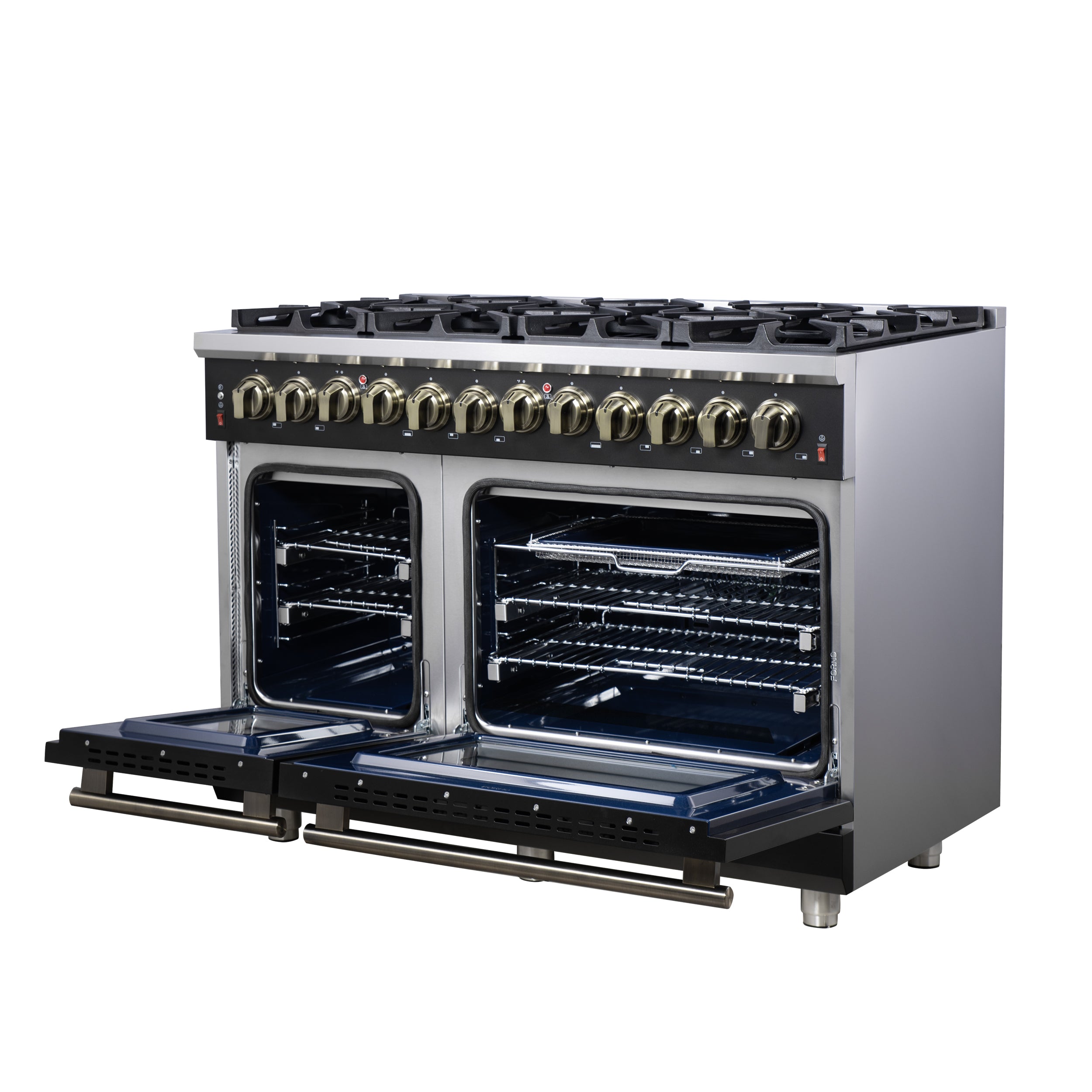 Forno Massimo 48 in. 6.58 cu. ft. 8-Burner Black Dual Fuel Range with Antique Brass Accents | FFSGS6125-48BLK