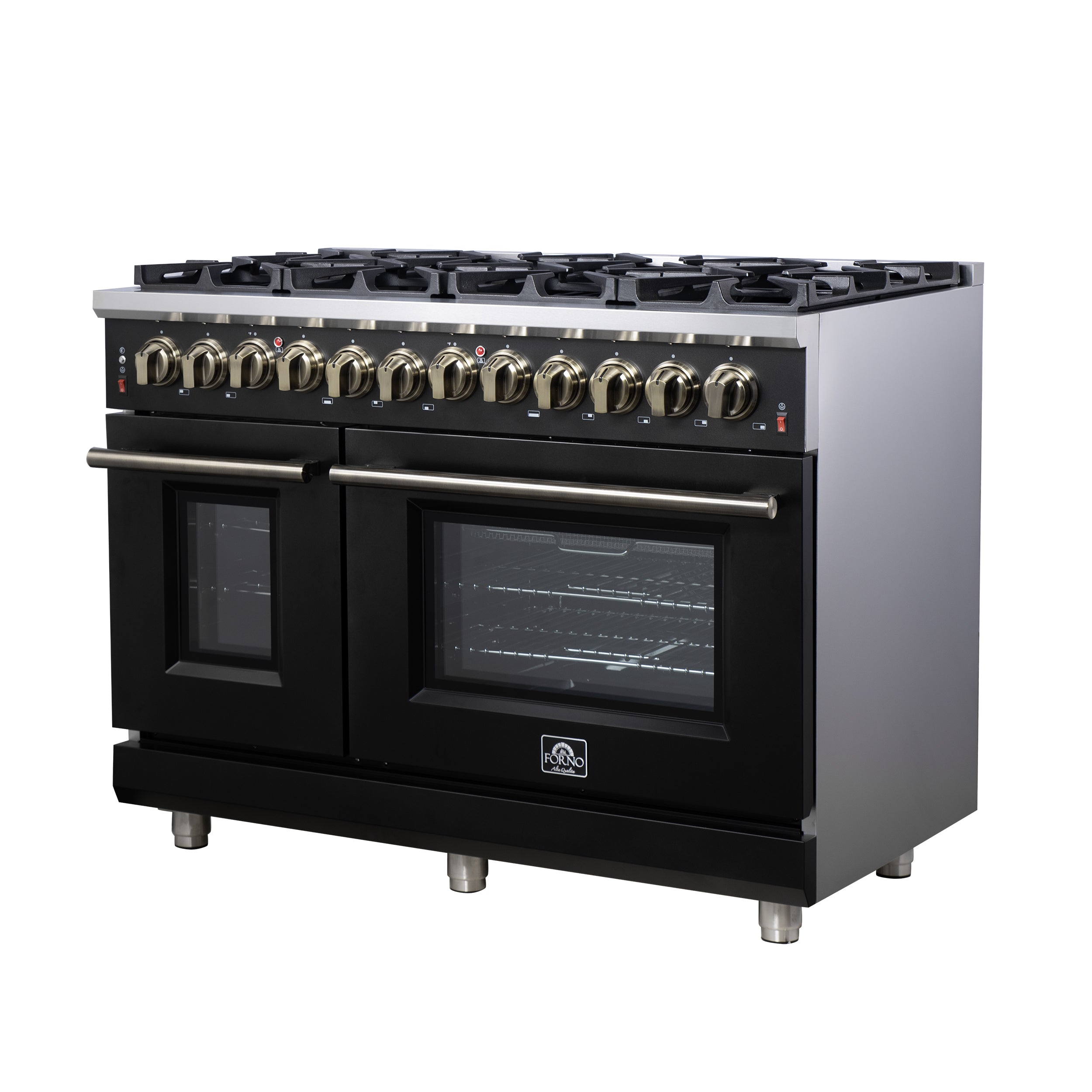 Forno Massimo 48 in. 6.58 cu. ft. 8-Burner Black Dual Fuel Range with Antique Brass Accents | FFSGS6125-48BLK
