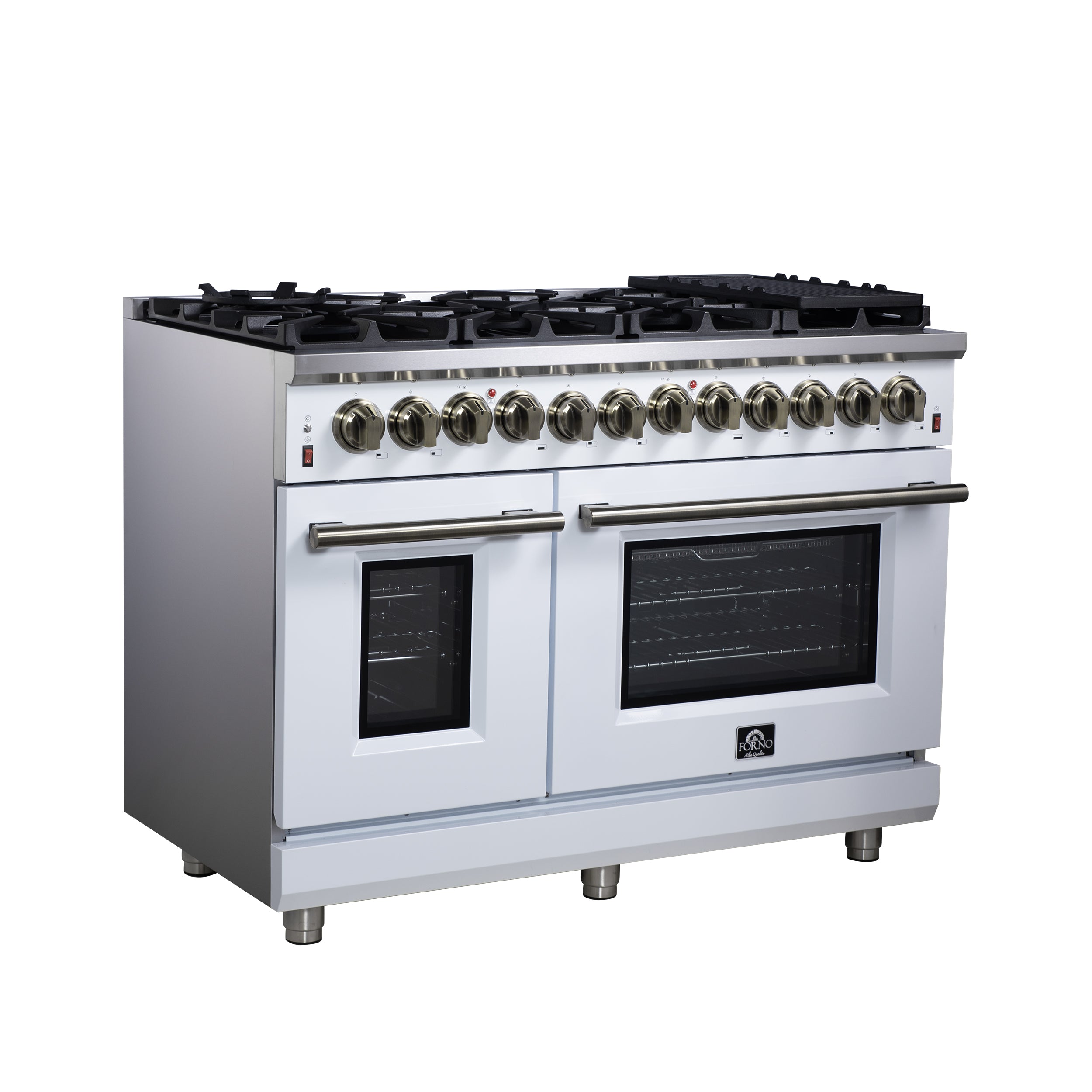 Forno Massimo 48 in. 6.58 cu. ft. 8-Burner White Dual Fuel Range with Antique Brass Accents | FFSGS6125-48WHT