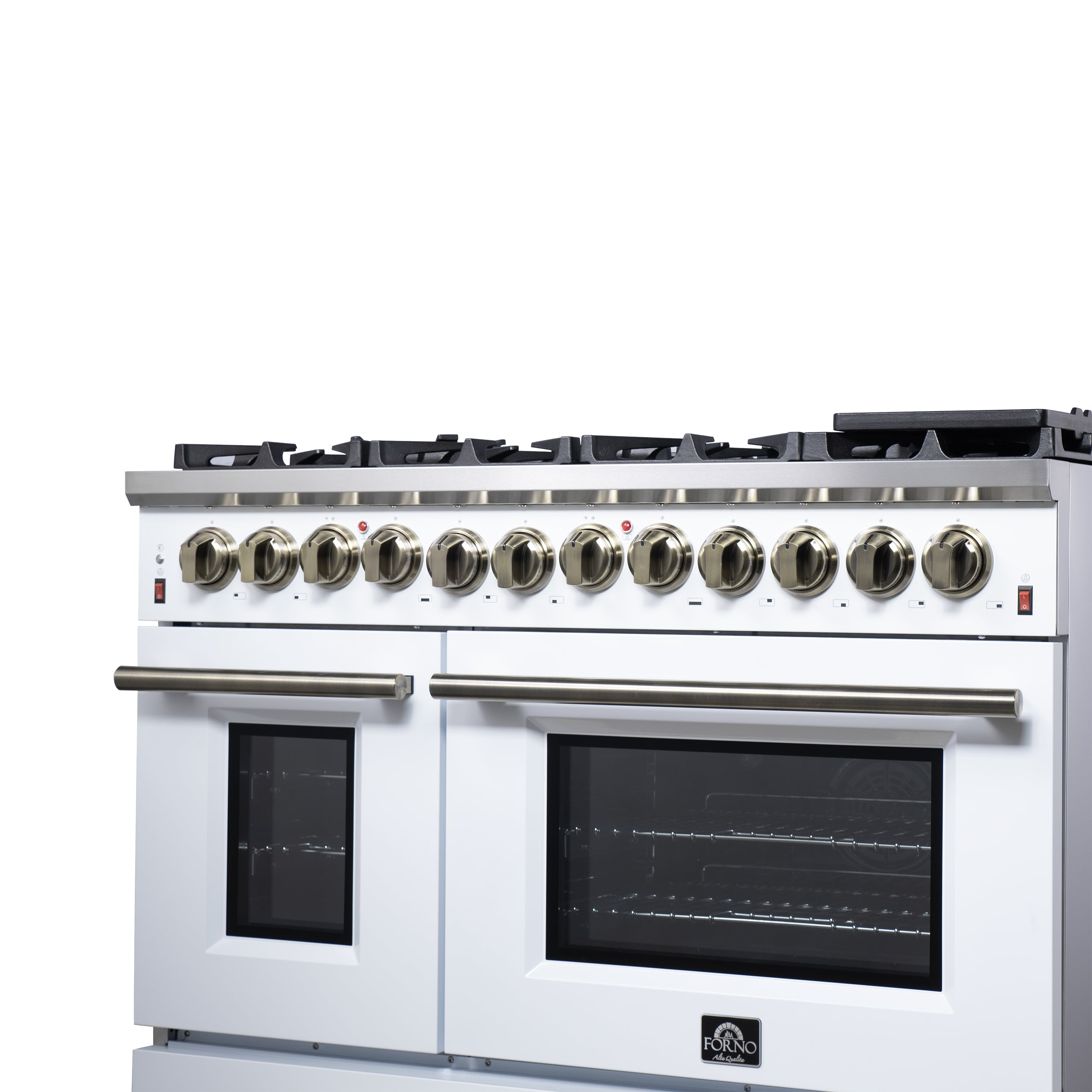 Forno Massimo 48 in. 6.58 cu. ft. 8-Burner White Dual Fuel Range with Antique Brass Accents | FFSGS6125-48WHT