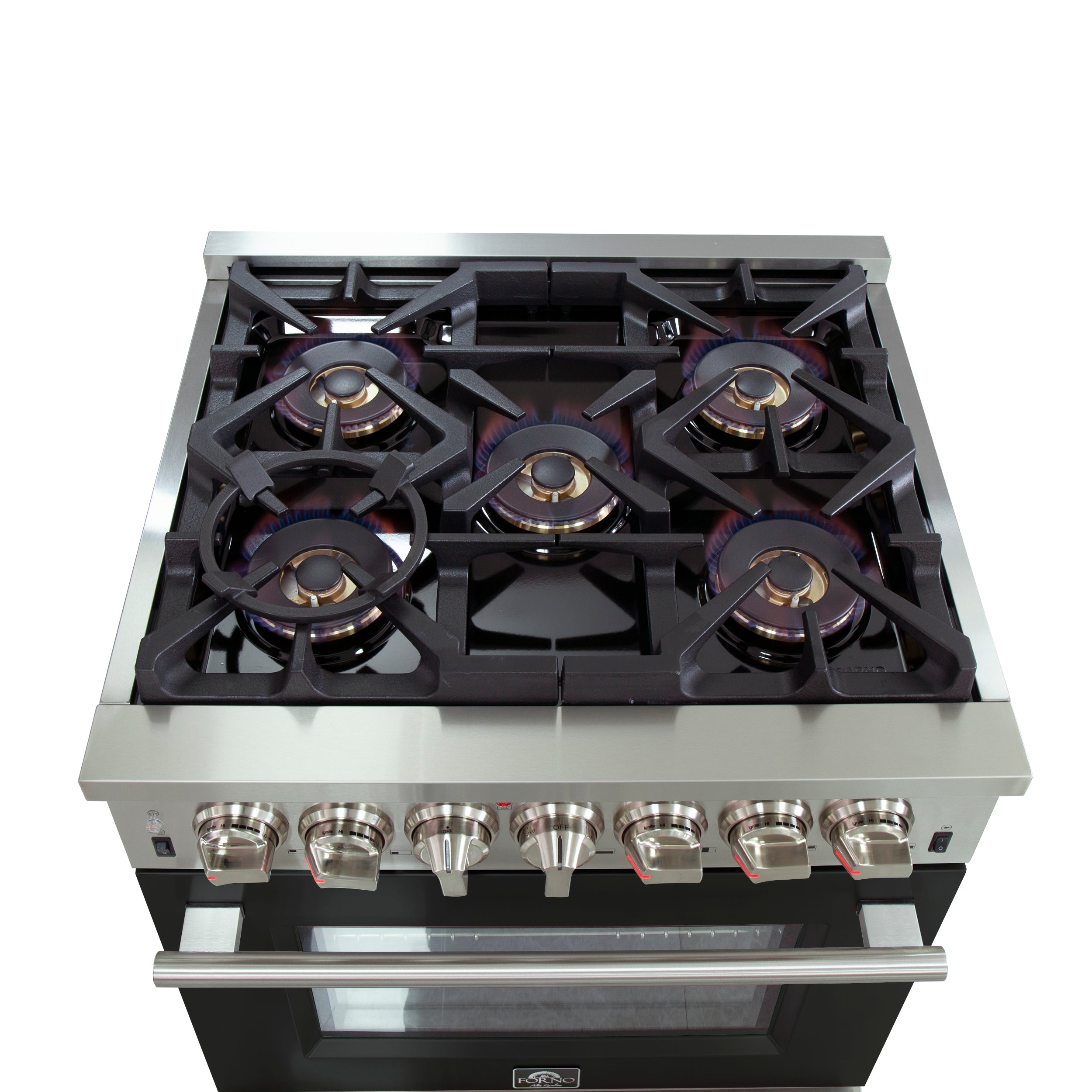 Forno Capriasca 30 in. 4.32 cu. ft.  5-burner Black Dual Fuel Range with Brass Burners | FFSGS6187-36BLK