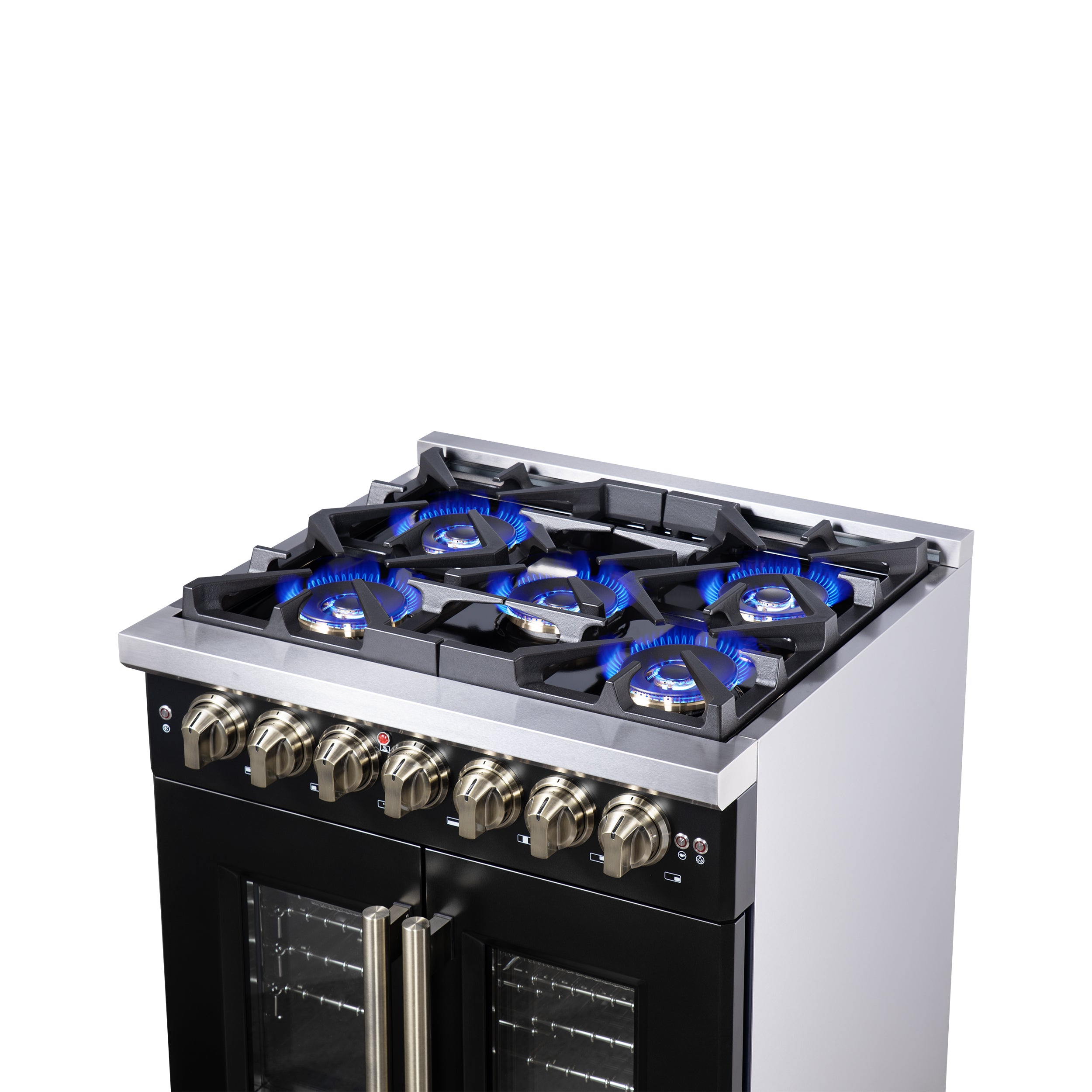 Forno Capriasca 30 in. 4.32 cu. ft. 5-Burner Black French Door Dual Fuel Range with Antique Brass Accents | FFSGS6387-30BLK