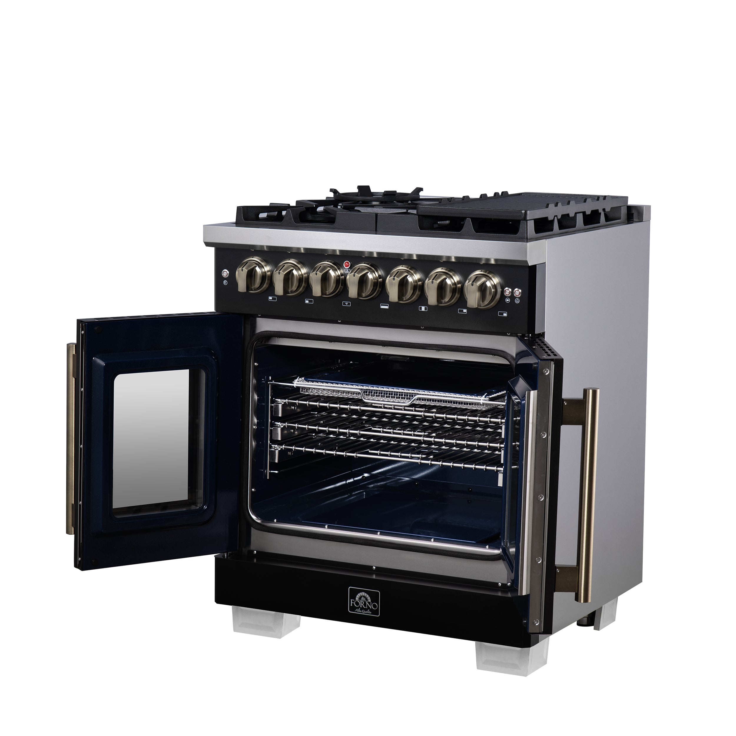 Forno Capriasca 30 in. 4.32 cu. ft. 5-Burner Black French Door Dual Fuel Range with Antique Brass Accents | FFSGS6387-30BLK