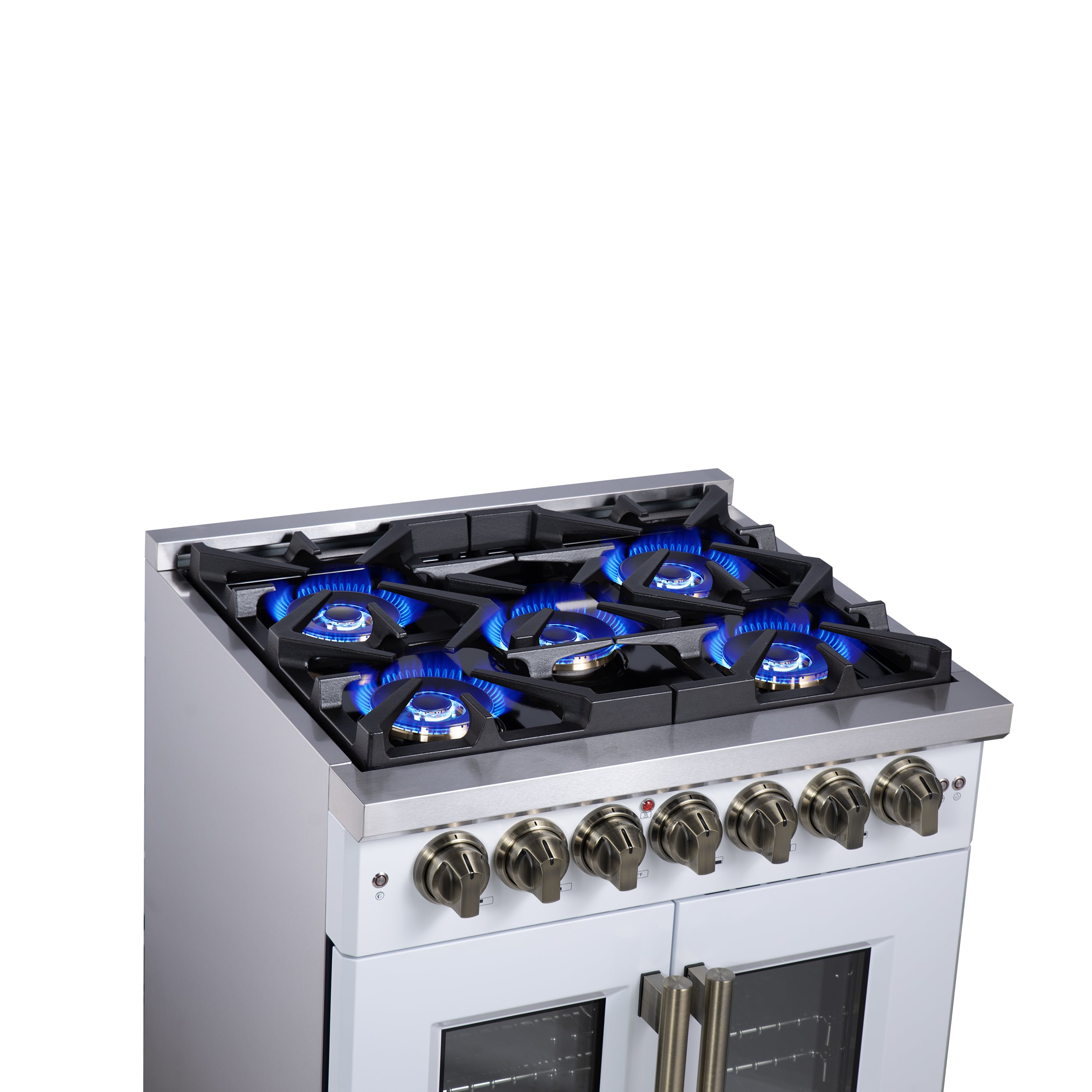 Forno Capriasca 30 in. 4.32 cu. ft. 5-Burner White French Door Dual Fuel Range with Antique Brass Accents | FFSGS6387-30WHT