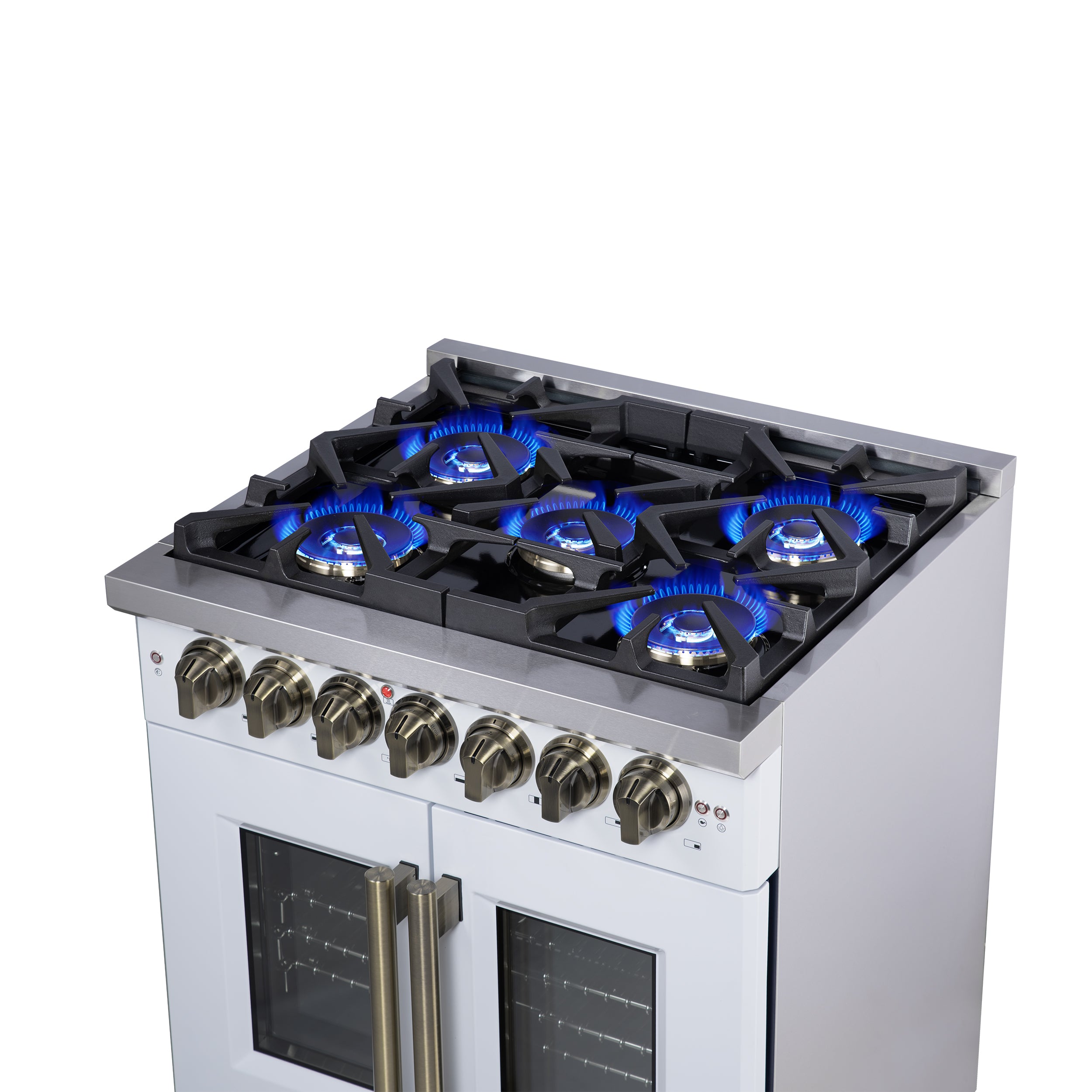 Forno Capriasca 30 in. 4.32 cu. ft. 5-Burner White French Door Dual Fuel Range with Antique Brass Accents | FFSGS6387-30WHT