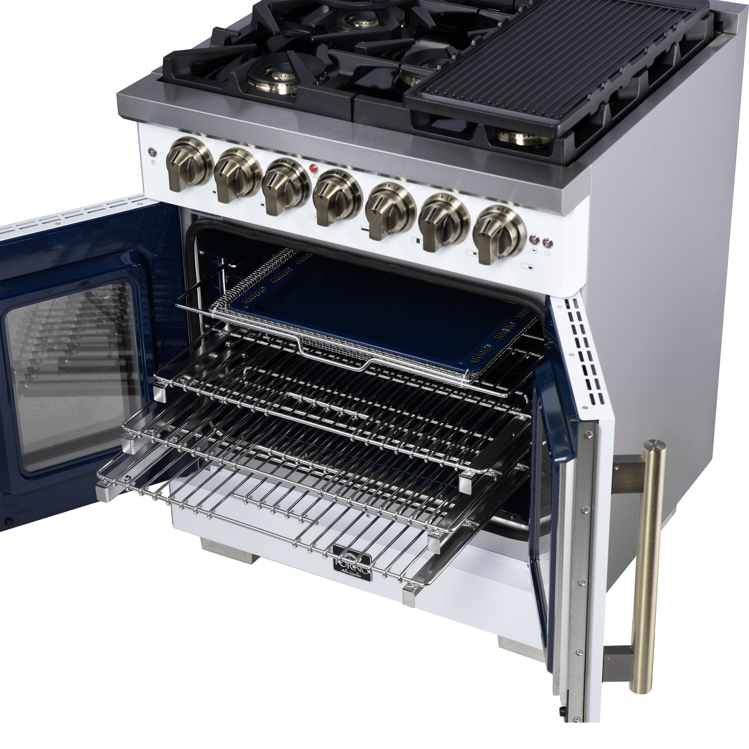 Forno Capriasca 30 in. 4.32 cu. ft. 5-Burner White French Door Dual Fuel Range with Antique Brass Accents | FFSGS6387-30WHT