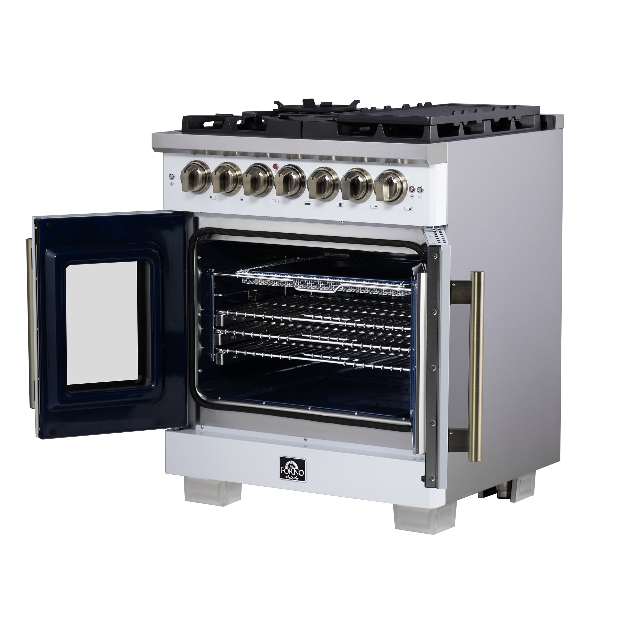 Forno Capriasca 30 in. 4.32 cu. ft. 5-Burner White French Door Dual Fuel Range with Antique Brass Accents | FFSGS6387-30WHT
