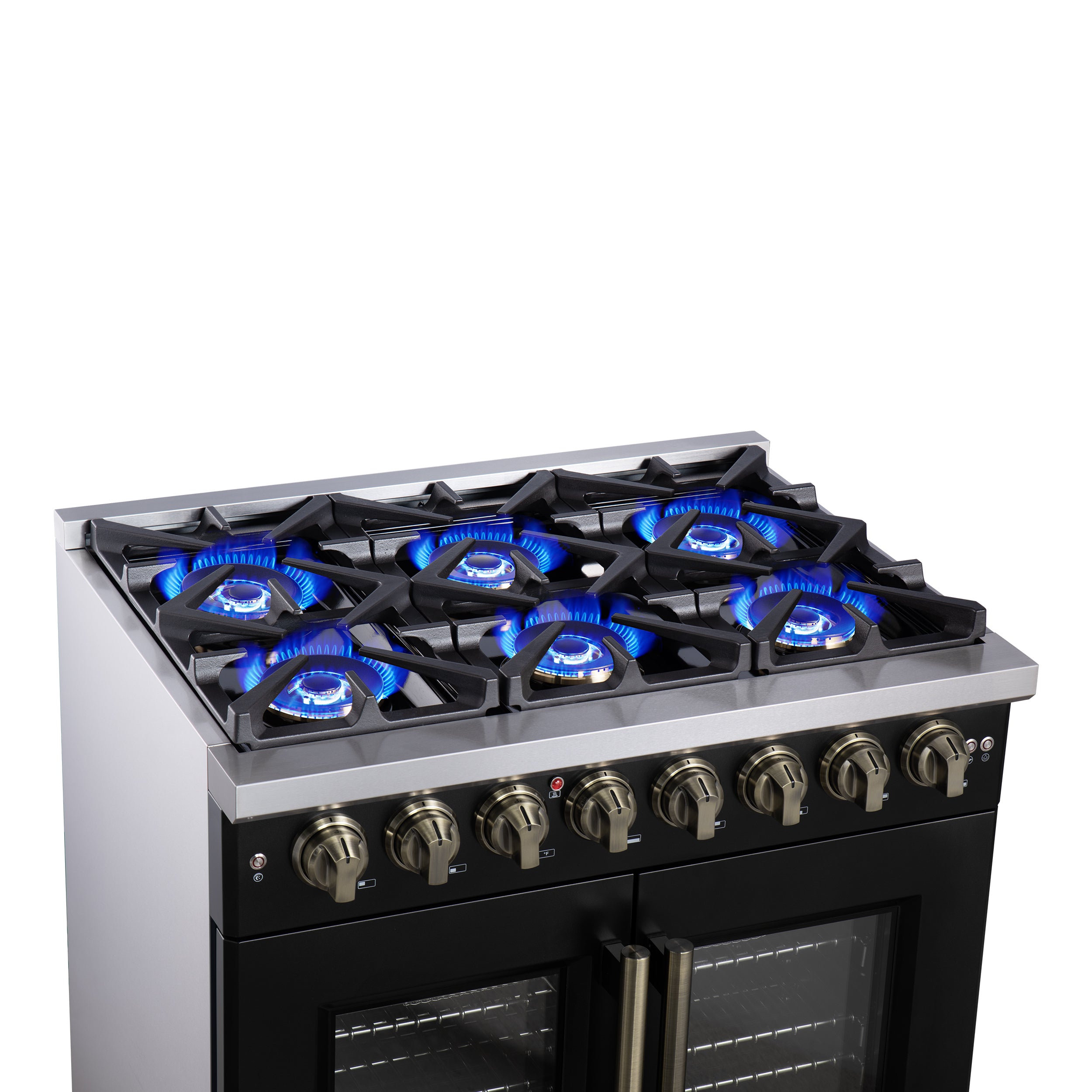 Forno Capriasca 36 in. 5.36 cu. ft. 6-Burner Black French Door Dual Fuel Range with Antique Brass Accents | FFSGS6387-36BLK