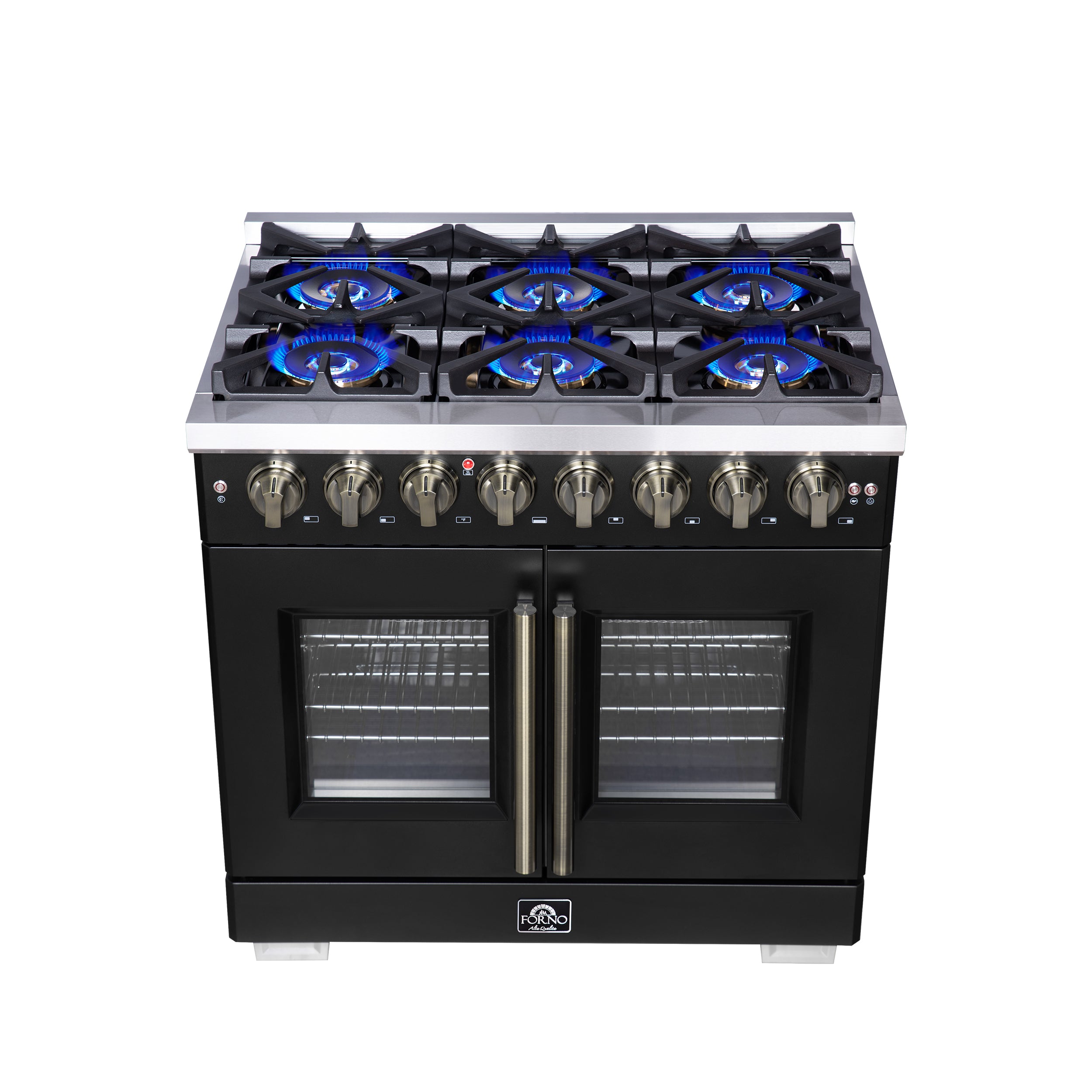 Forno Capriasca 36 in. 5.36 cu. ft. 6-Burner Black French Door Dual Fuel Range with Antique Brass Accents | FFSGS6387-36BLK