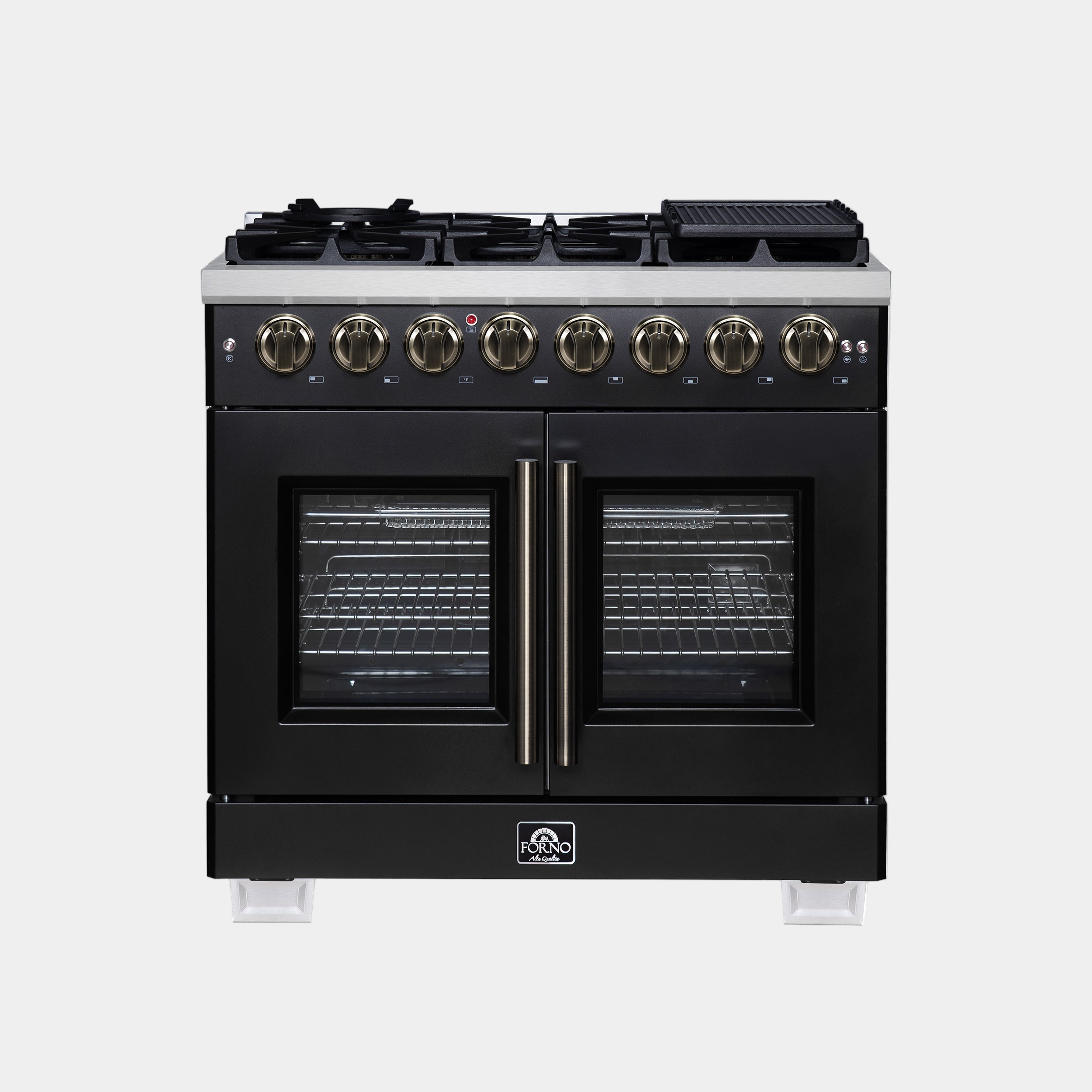 Forno Capriasca 36 in. 5.36 cu. ft. 6-Burner Black French Door Dual Fuel Range with Antique Brass Accents | FFSGS6387-36BLK