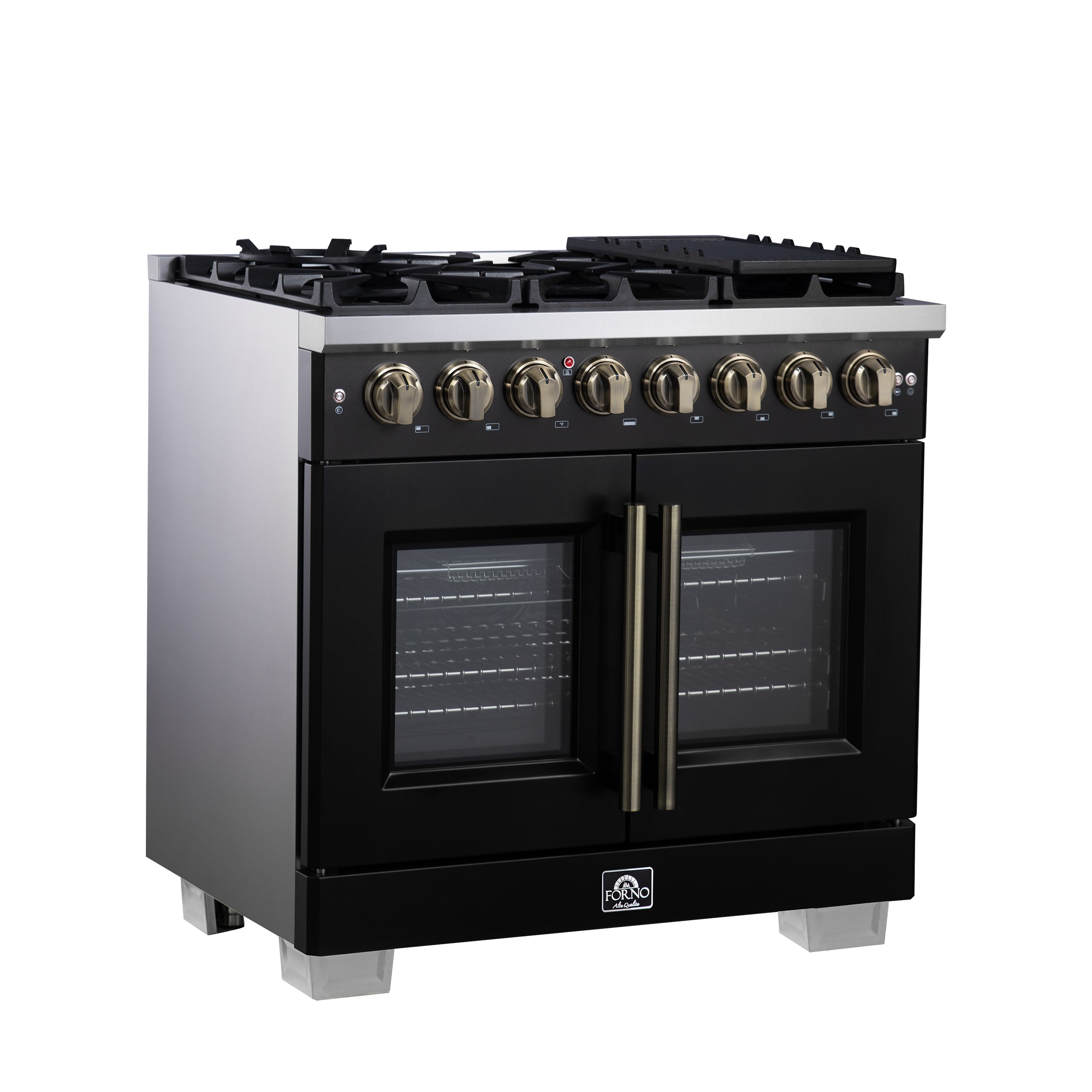 Forno Capriasca 36 in. 5.36 cu. ft. 6-Burner Black French Door Dual Fuel Range with Antique Brass Accents | FFSGS6387-36BLK