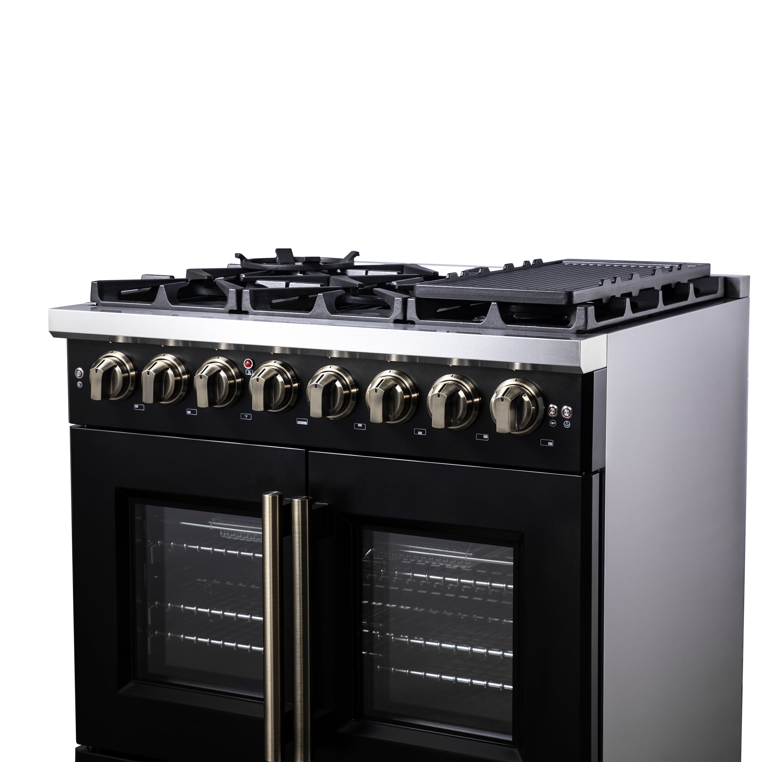 Forno Capriasca 36 in. 5.36 cu. ft. 6-Burner Black French Door Dual Fuel Range with Antique Brass Accents | FFSGS6387-36BLK