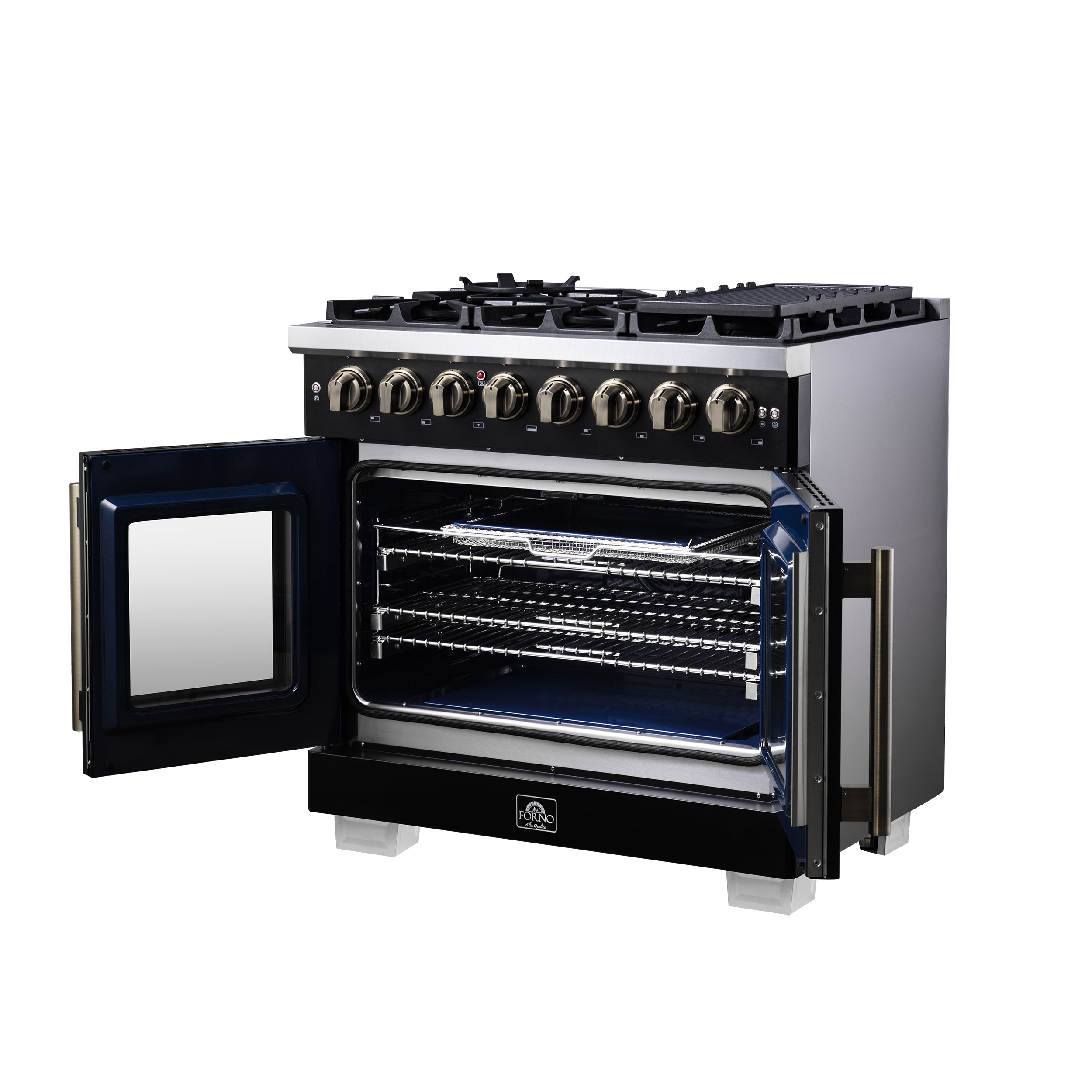 Forno Capriasca 36 in. 5.36 cu. ft. 6-Burner Black French Door Dual Fuel Range with Antique Brass Accents | FFSGS6387-36BLK