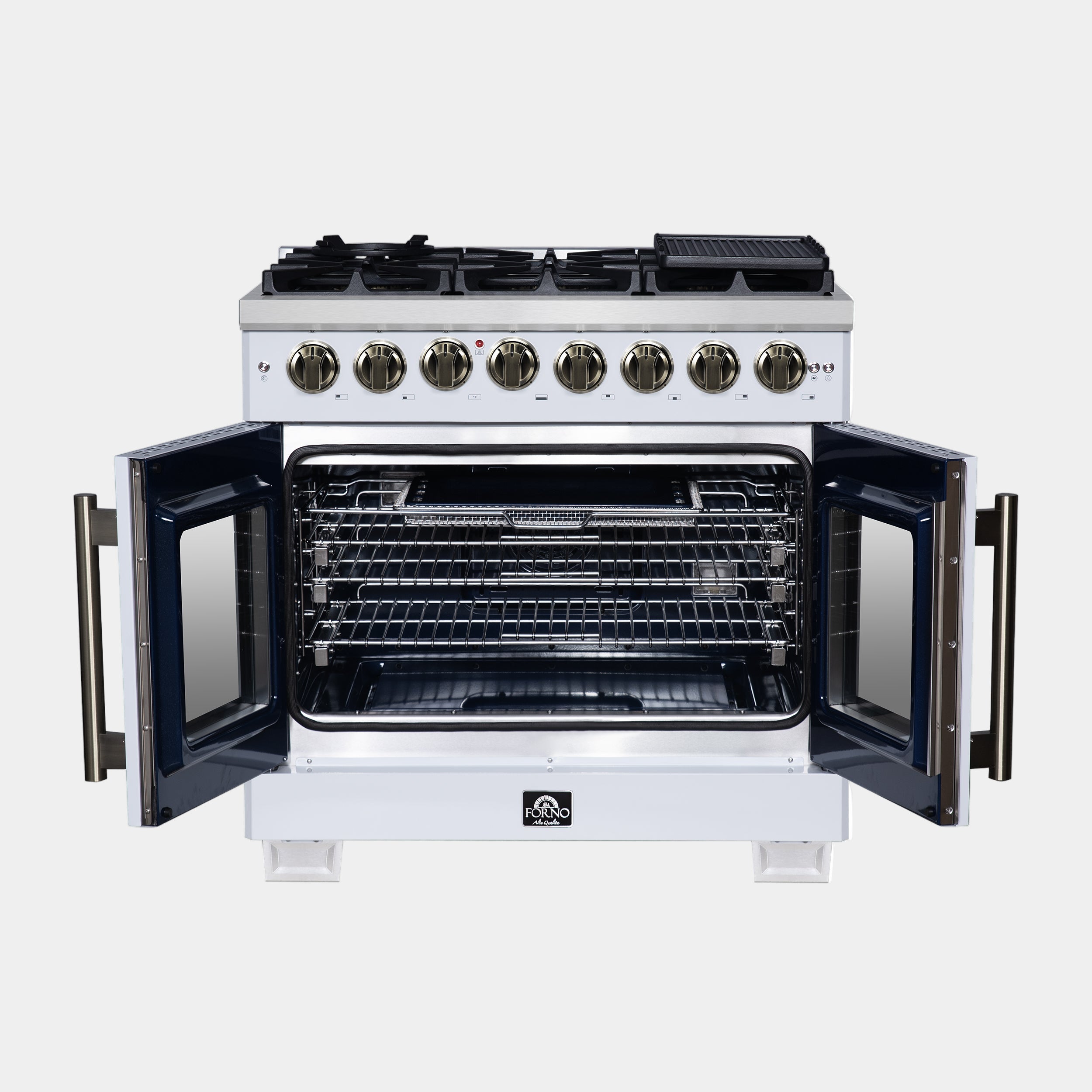 Forno Capriasca 36 in. 5.36 cu. ft. 6-Burner White French Door Dual Fuel Range with Antique Brass Accents | FFSGS6387-36WHT