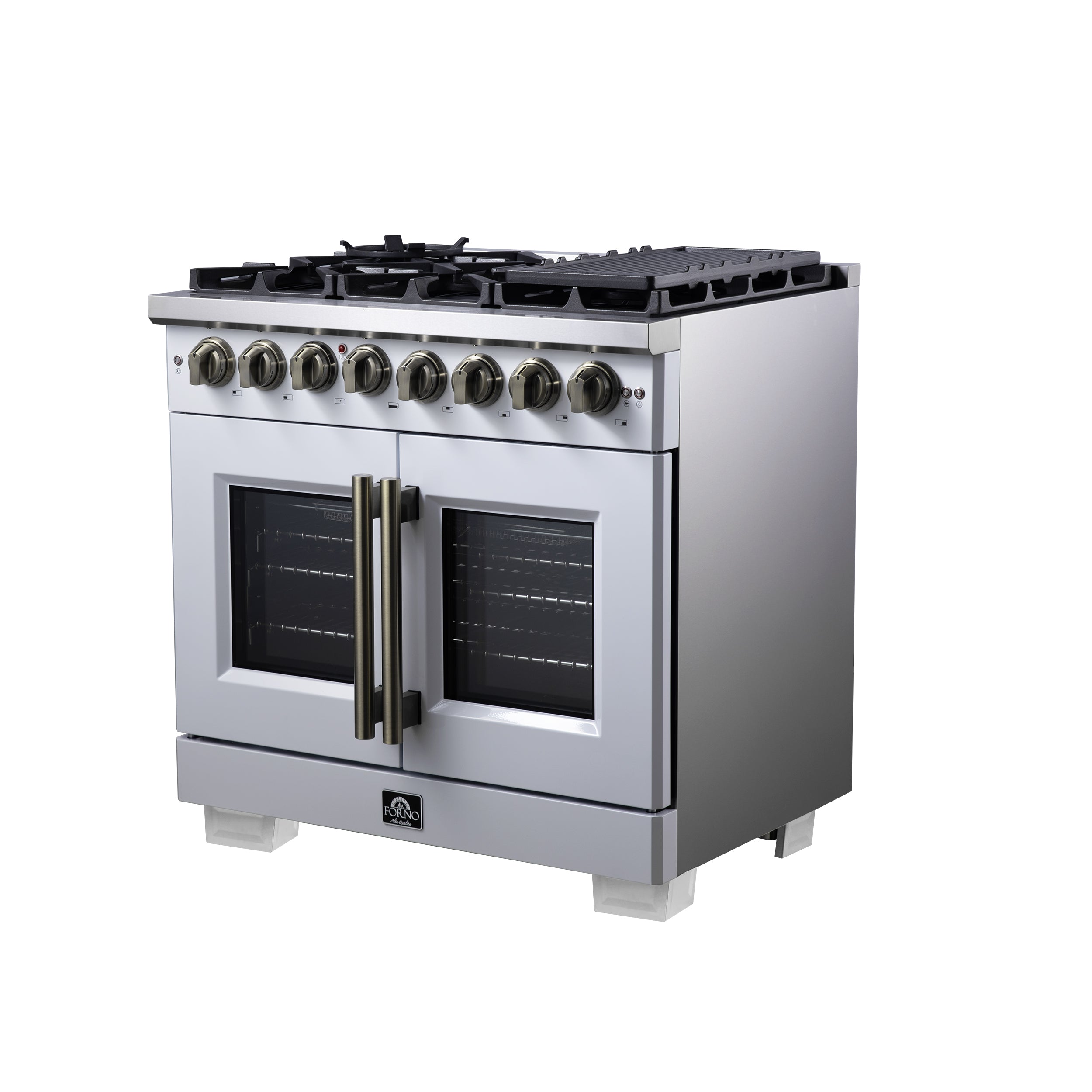 Forno Capriasca 36 in. 5.36 cu. ft. 6-Burner White French Door Dual Fuel Range with Antique Brass Accents | FFSGS6387-36WHT