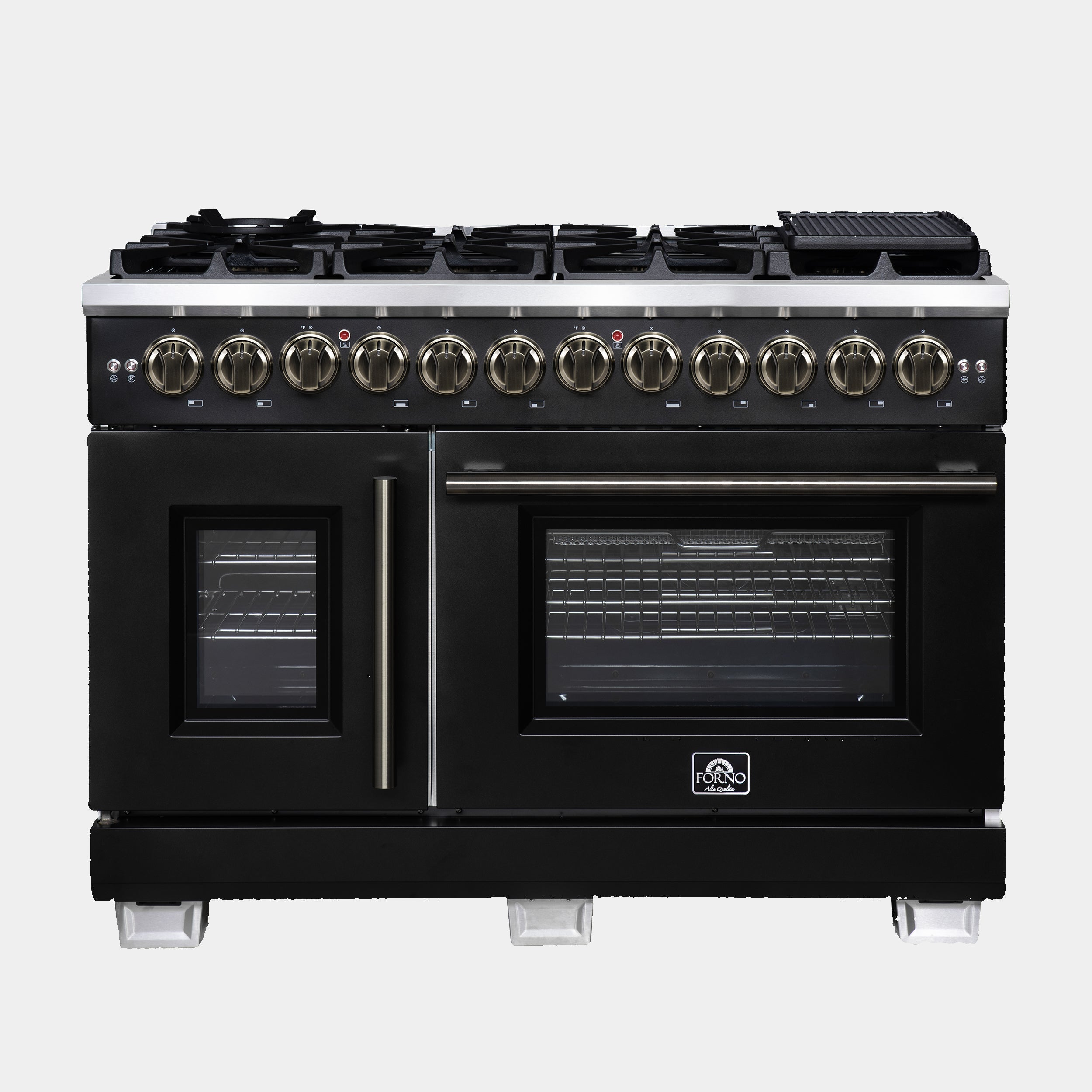 Forno Capriasca 48 in. 6.58 cu. ft. 8-Burner Black French Door Dual Fuel Range with Antique Brass Accents | FFSGS6387-48BLK